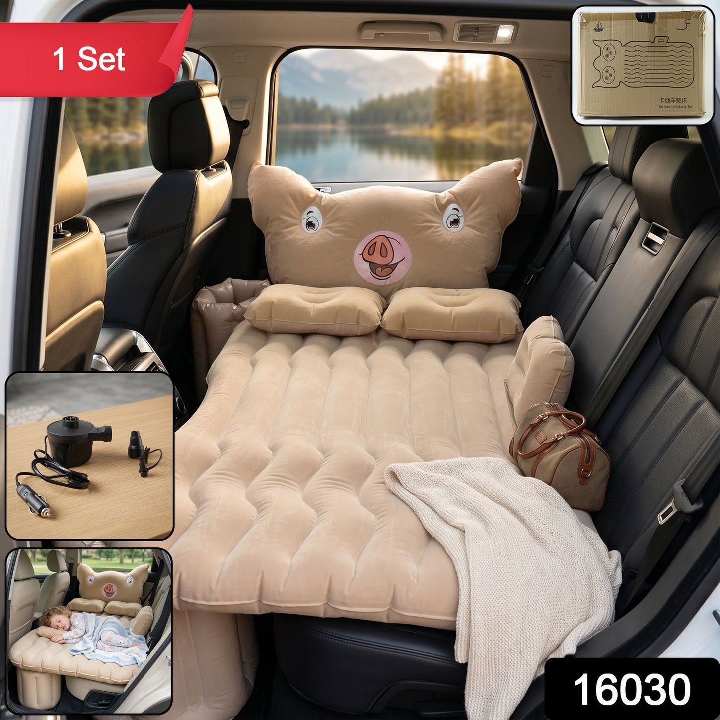 Car Air Mattress Bed Set – Cartoon Pig Design Inflatable Travel Bed with Pillows