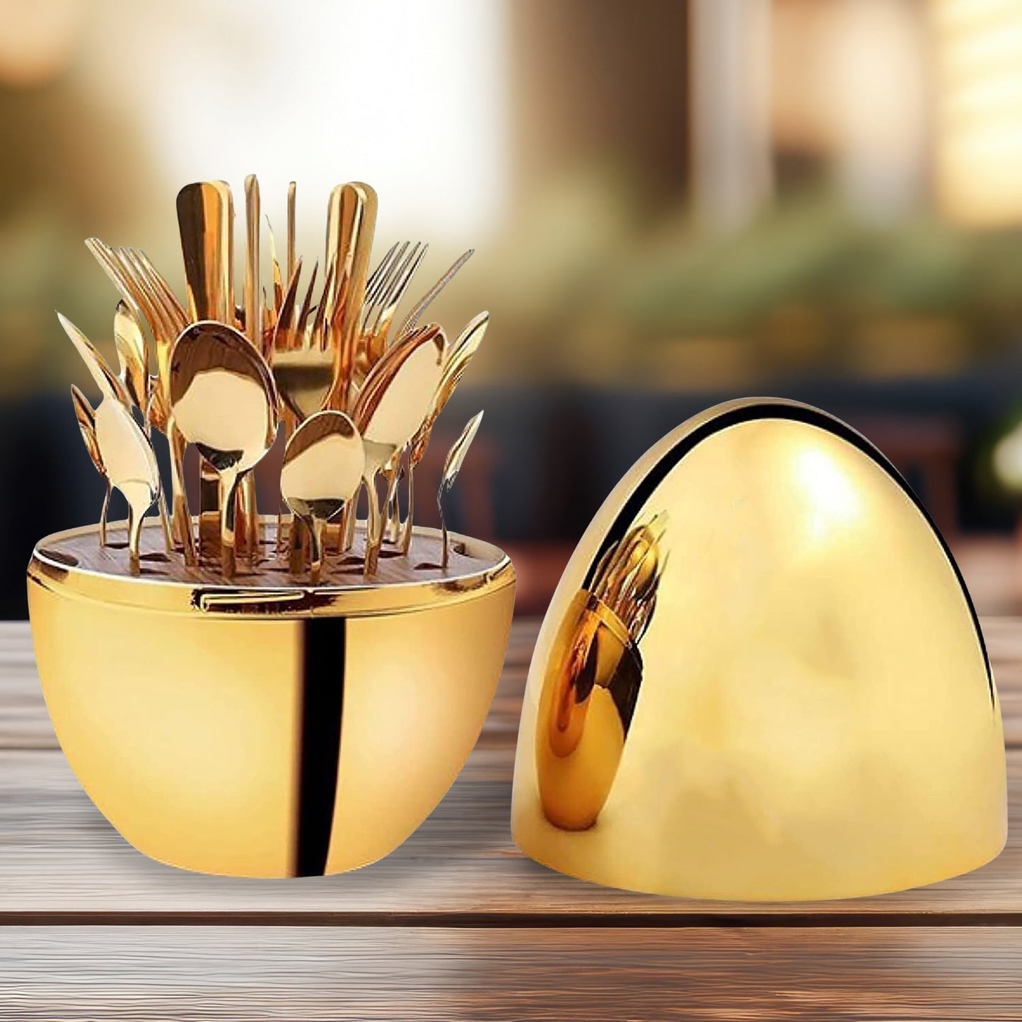 Premium Cutlery Set 24 Pcs with Oval Shaped Stand | Beautiful Stylish Oval Designed Cutlery Sets, Egg-Shaped Luxury Spoon Holder Set (Golden / 24 pcs set)