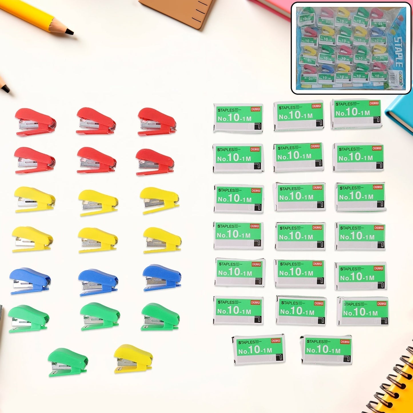 Mini Stapler Set with Staples – Assorted Colors | No.10 Staplers with Pins (20 pcs Set)