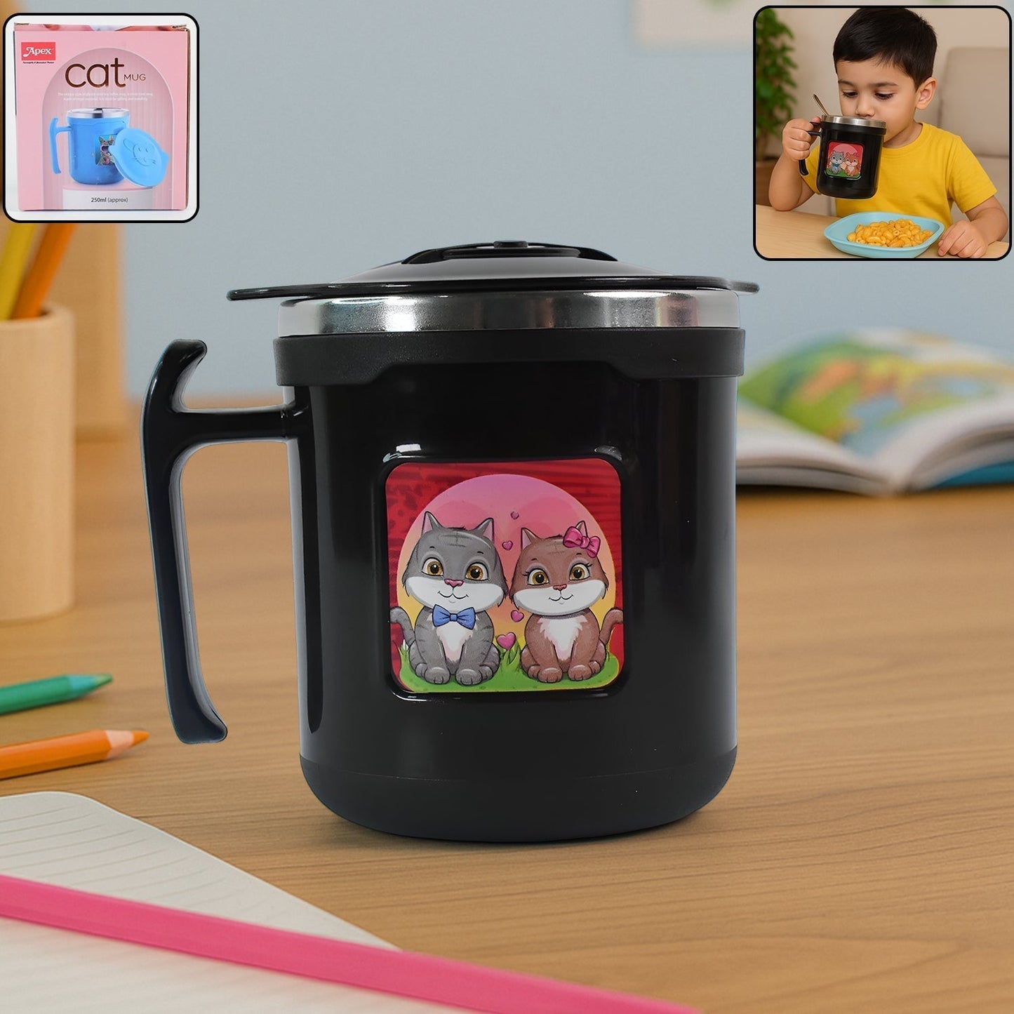 1 Pc Apex Cat Mug – 250 ml Stainless Steel Insulated Inner with Cute Cat Print