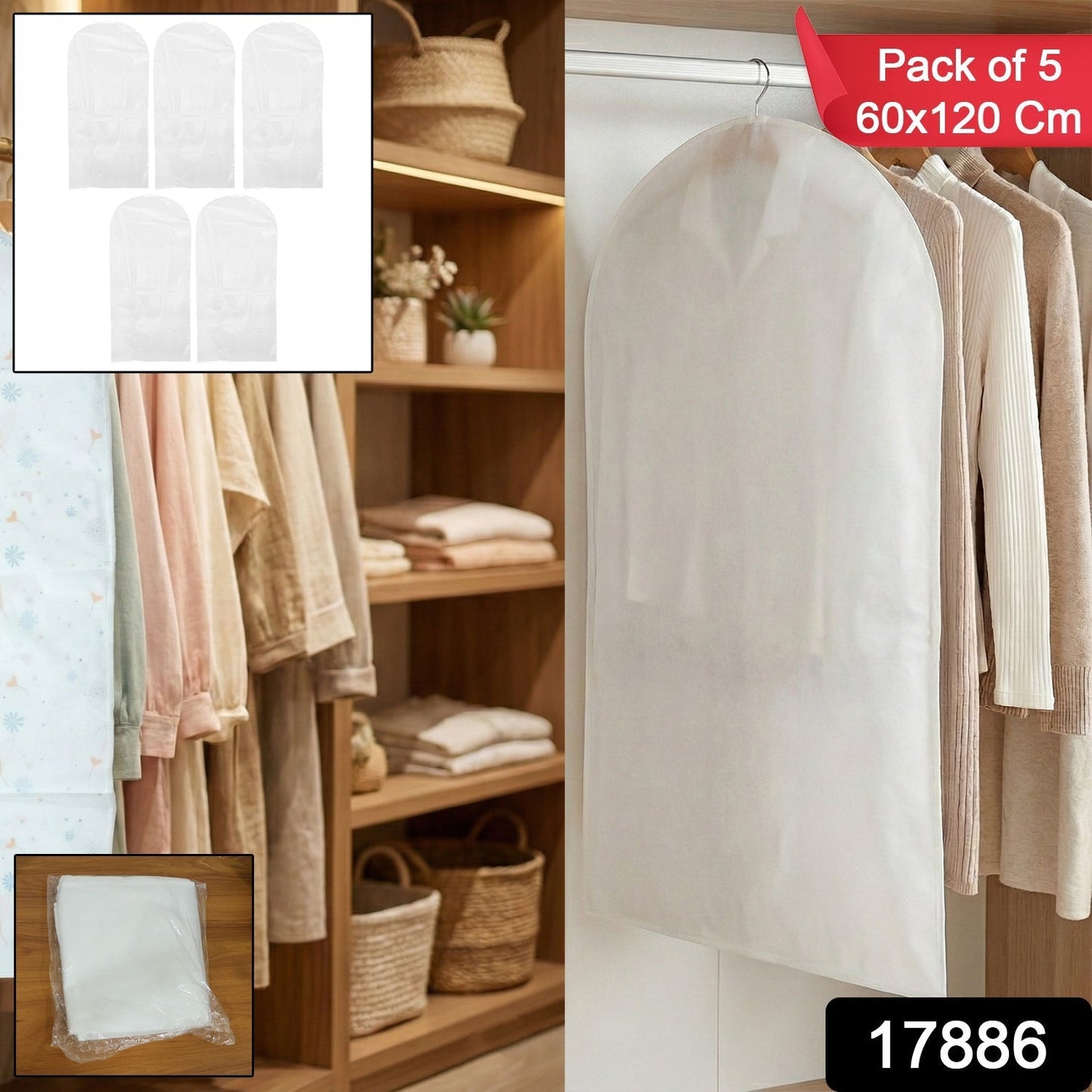 Pack of 5 Hanging Garment Cover Bags for Wardrobe (60 ? 120 cm)
