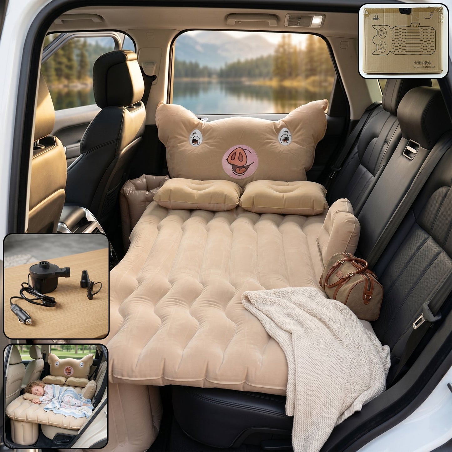 Car Air Mattress Bed Set – Cartoon Pig Design Inflatable Travel Bed with Pillows