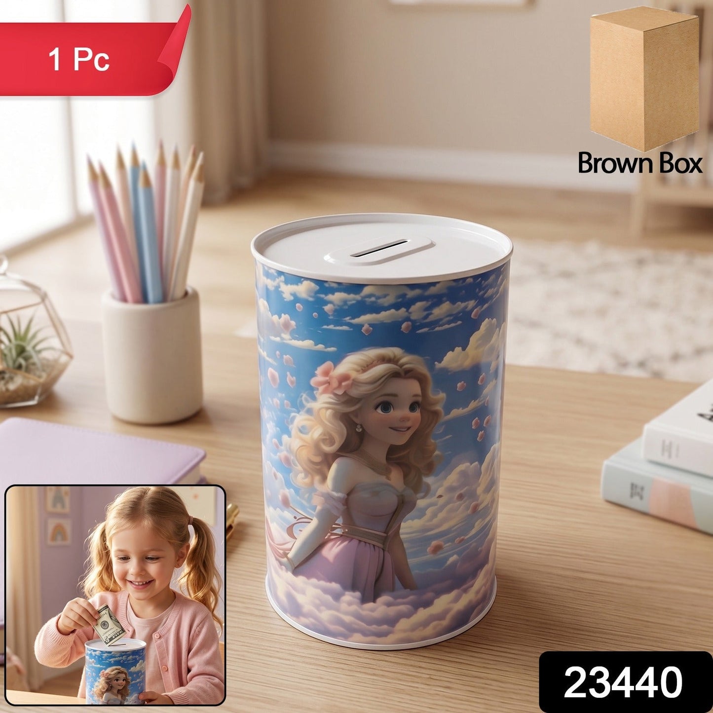 Cartoon Printed Metal Coin Saving Box – 1 Pc Cute Princess Design Money Bank for Kids