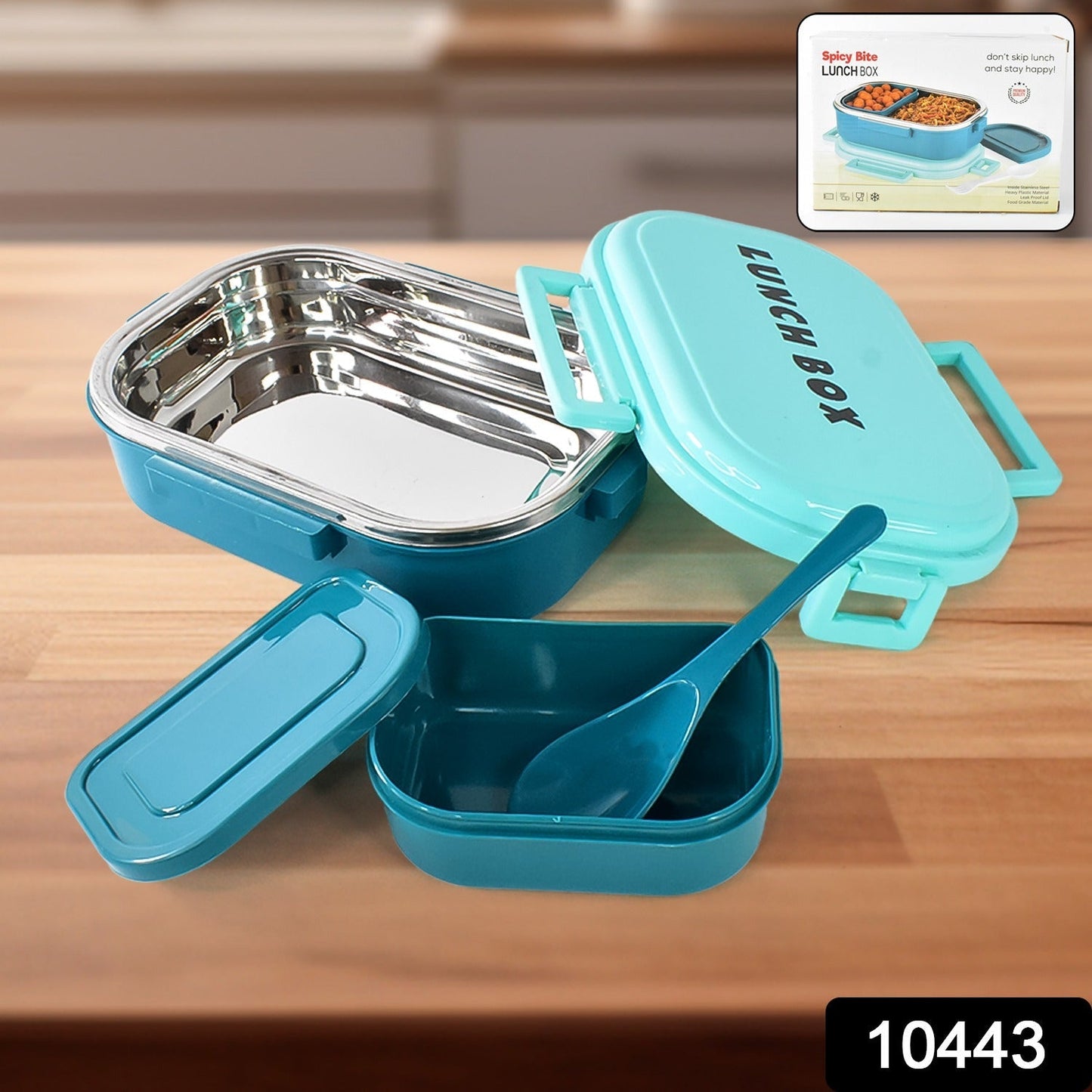 3 in 1 Spicy Bite Stainless Steel Lunch Box With Plastic Small Box & Spoon (1 Set)