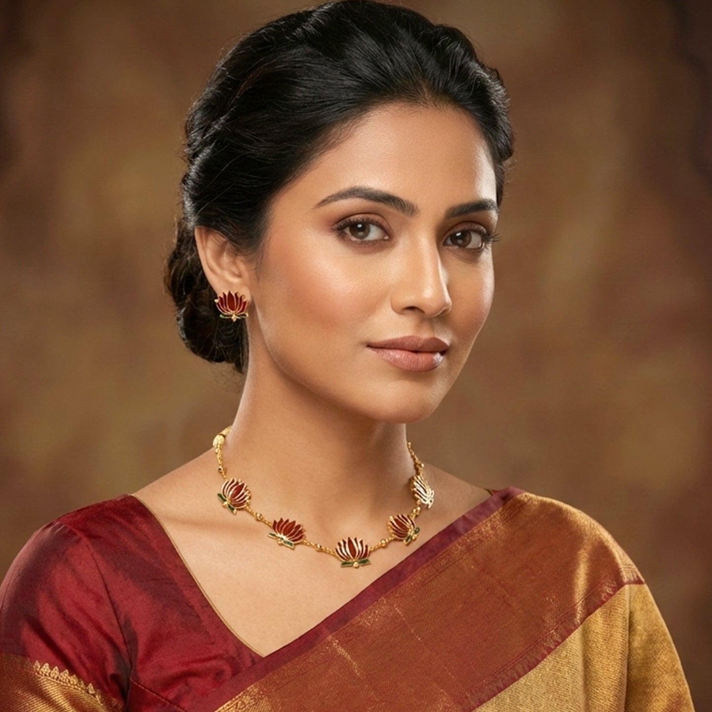 Traditional Lotus Design Necklace with Stud Earrings Set (1 Set)