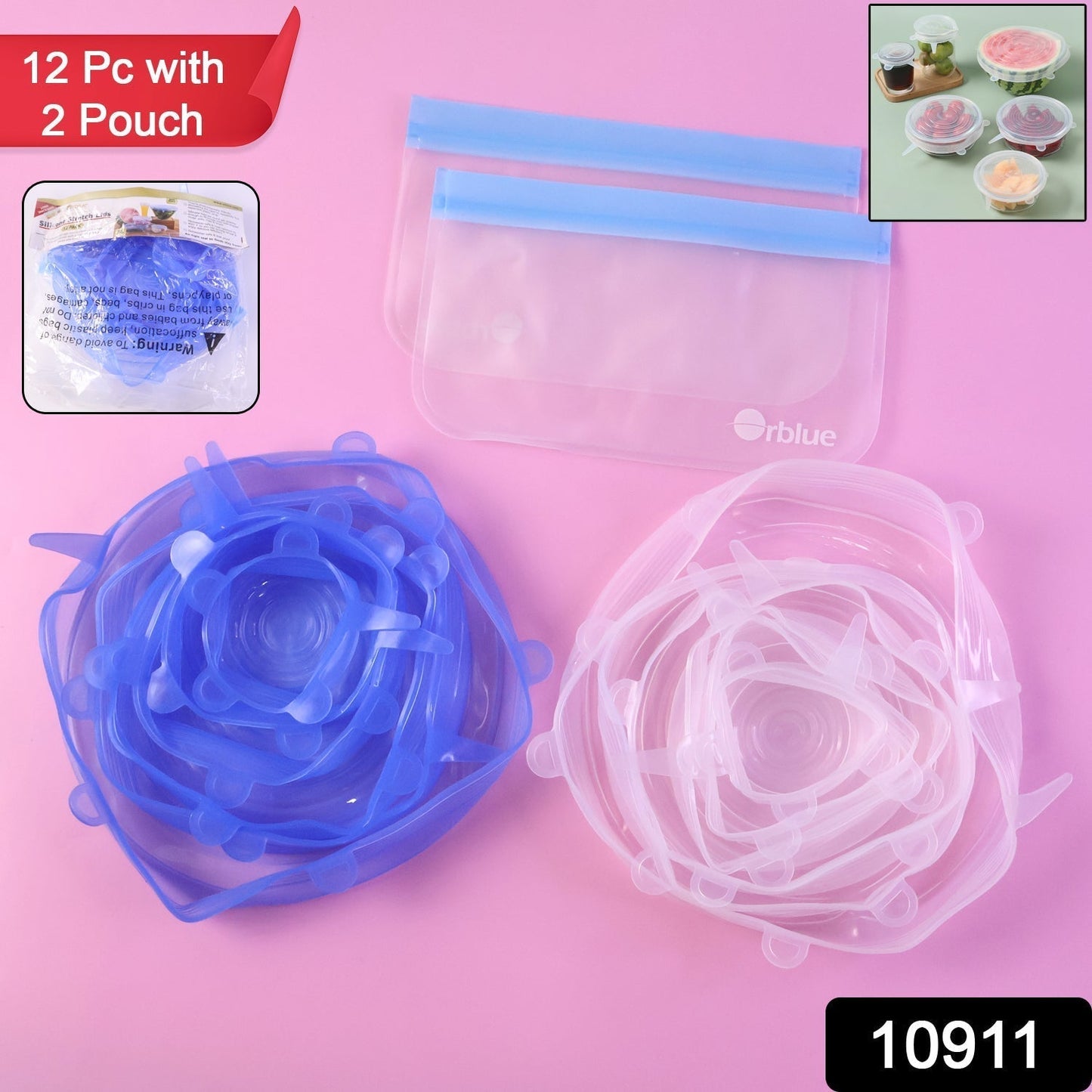 12 Peace Reusable Stretch Lids Set with 2 Storage Pouches – Flexible Food Cover Lids