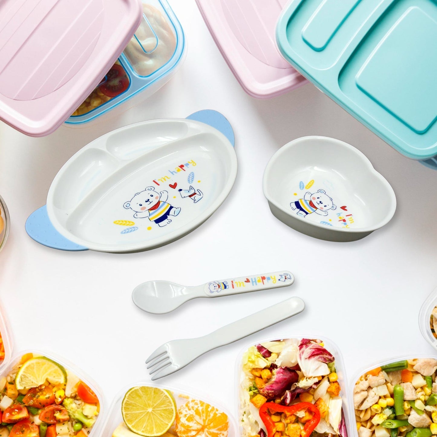 5in1 Baby Feeding Set for Kids and Toddlers,Children Children Dinnerware Set - Feeding Set for Kids, Cartoon Design Plate, Cup, Spoon, Fork Tableware Cutlery for Kids Microwave (5 Pcs Set)