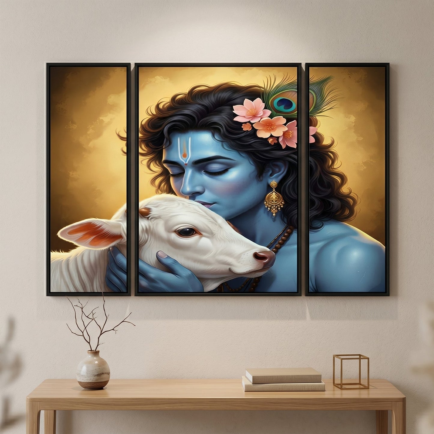 Krishna N Cow 3 Panel MDF Wall Frame Wall Art Painting 16.5x12in (1 Pc)