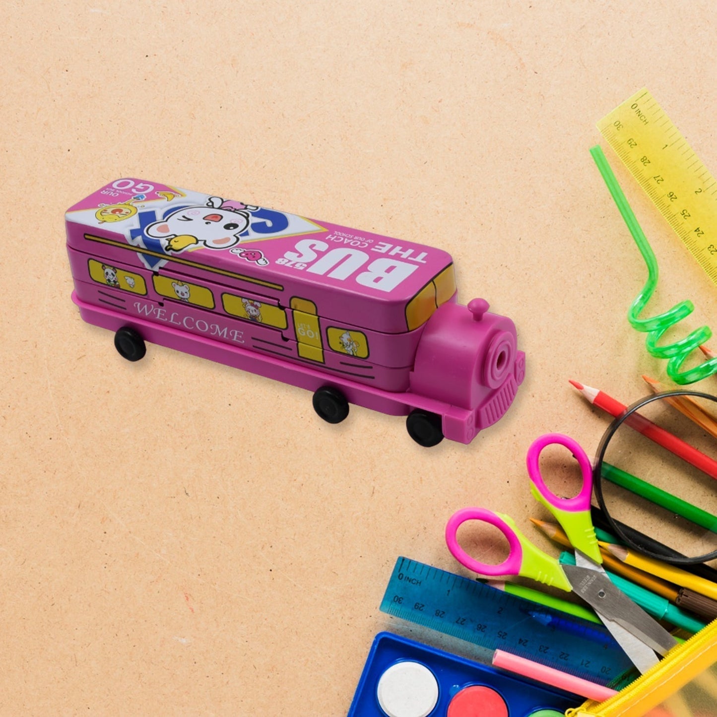 Double Decker Metal Bus Compass Case – 2-Layer with Movable Wheels & Sharpener for Kids