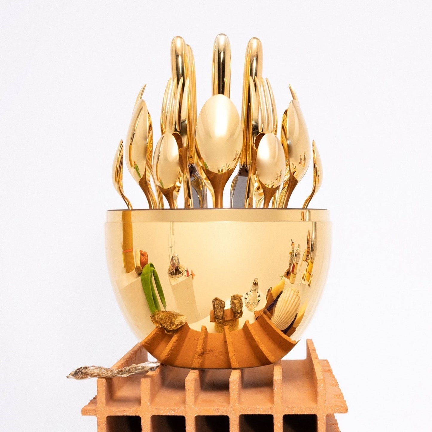 Premium Cutlery Set 24 Pcs with Oval Shaped Stand | Beautiful Stylish Oval Designed Cutlery Sets, Egg-Shaped Luxury Spoon Holder Set (Golden / 24 pcs set)