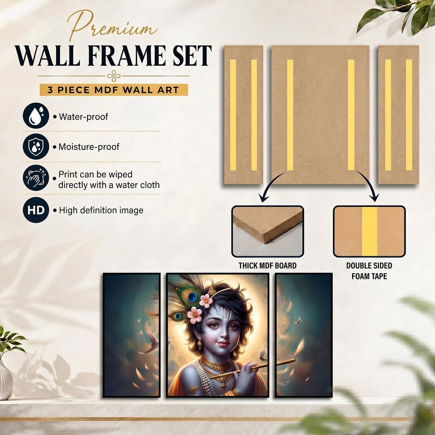 Krishna N Flute 3 Panel MDF Wall Frame Wall Art Painting 16.5x12in (1 Pc)