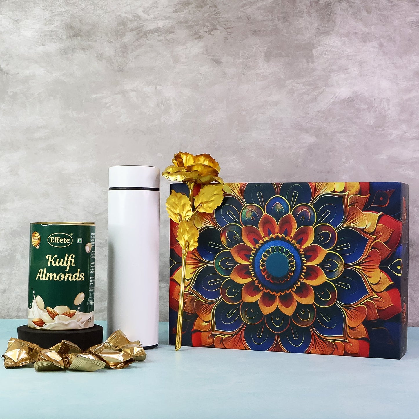 Effete Kulfi Almonds Gift Hamper, Golden Rose With Bottle (3 Pc Set), Mix Color