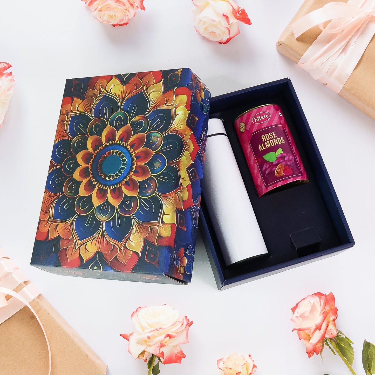 Effete Rose Almonds Gift Hamper, Golden With Bottle (2 Pc Set), Mix Color
