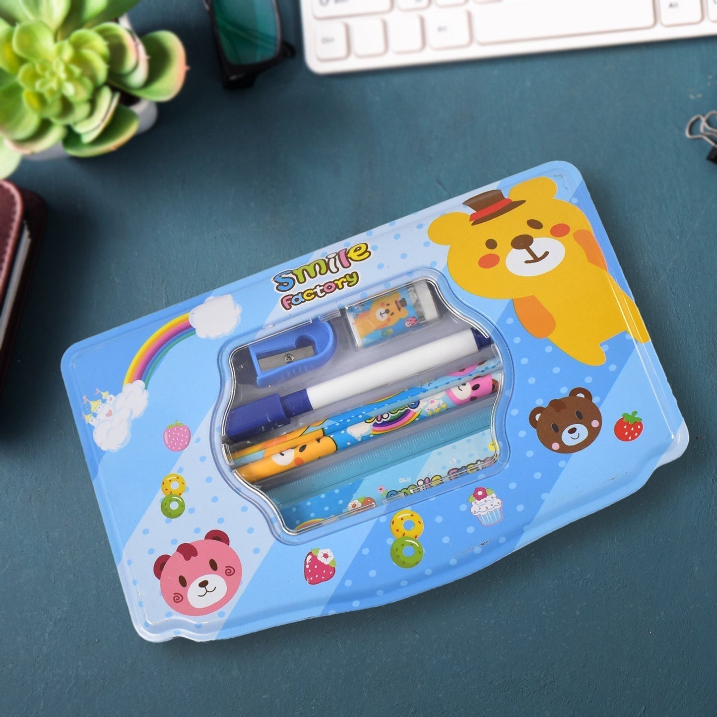 Cartoon Metal Compass Box for Kids with Stationery (6 Pc Set)