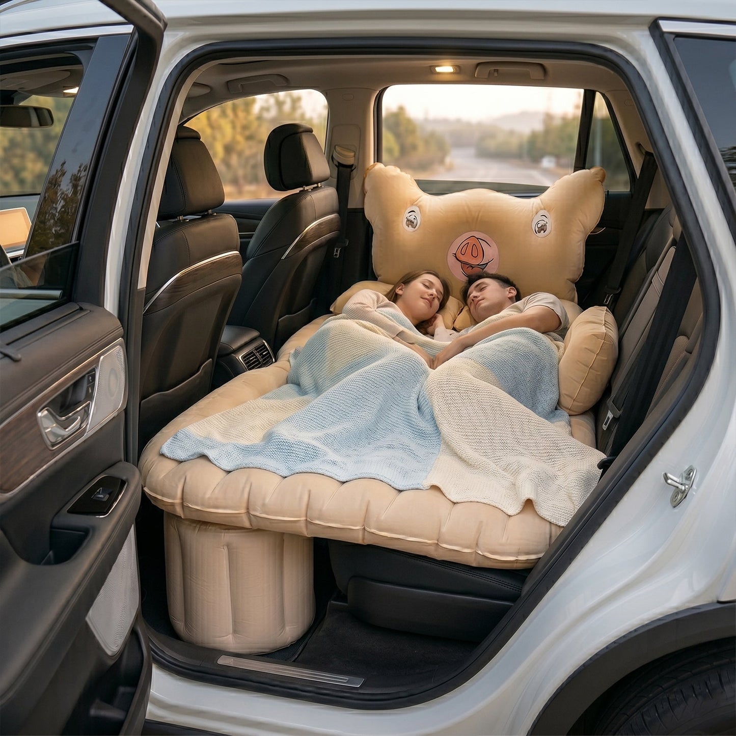 Car Air Mattress Bed Set – Cartoon Pig Design Inflatable Travel Bed with Pillows