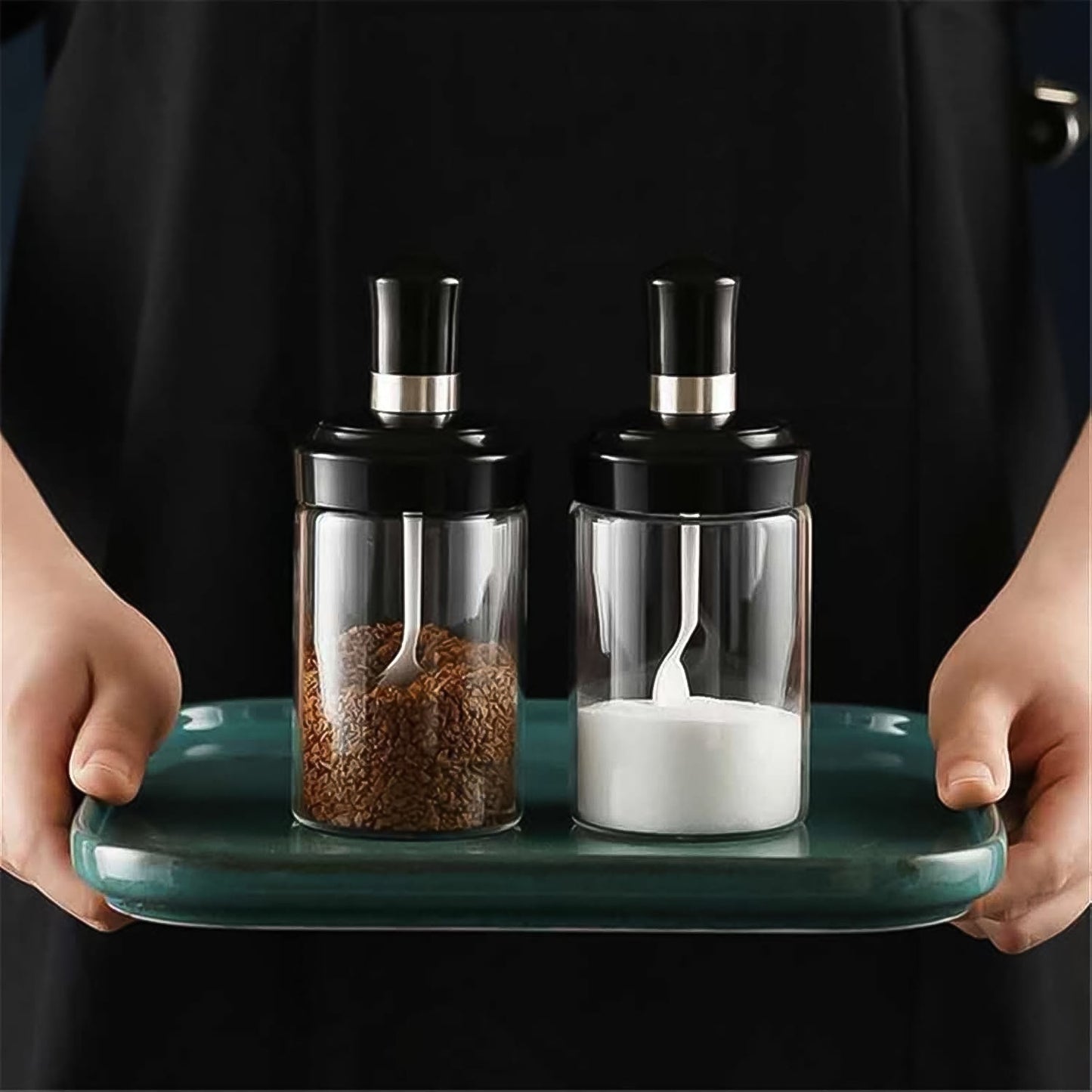 Clear Glass Spice Jar with Integrated Spoon & Airtight Lid (250ml Approx)