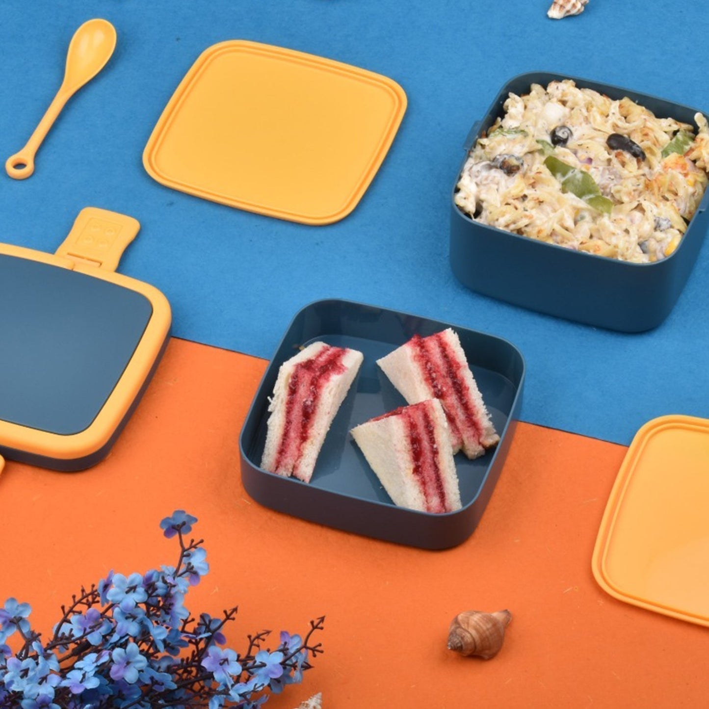 Blue Double-Layer Portable Bento Lunch Box – Stackable with Handle & Spoon