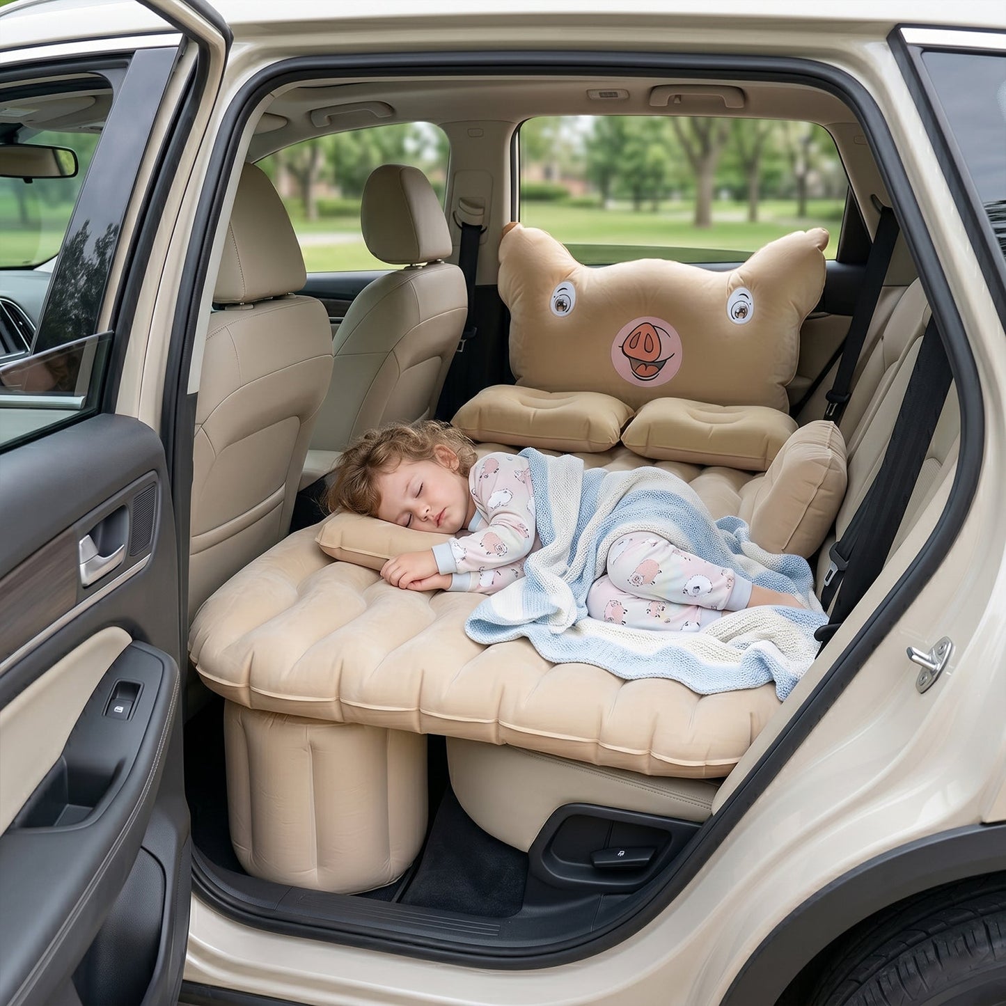 Car Air Mattress Bed Set – Cartoon Pig Design Inflatable Travel Bed with Pillows