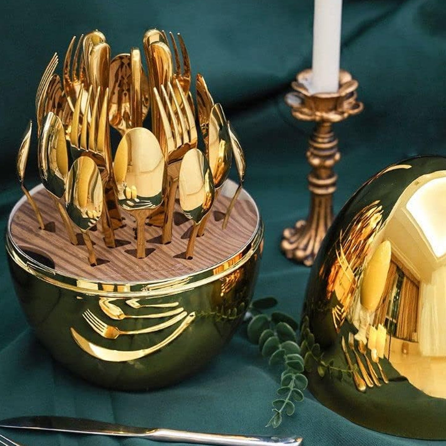Premium Cutlery Set 24 Pcs with Oval Shaped Stand | Beautiful Stylish Oval Designed Cutlery Sets, Egg-Shaped Luxury Spoon Holder Set (Golden / 24 pcs set)