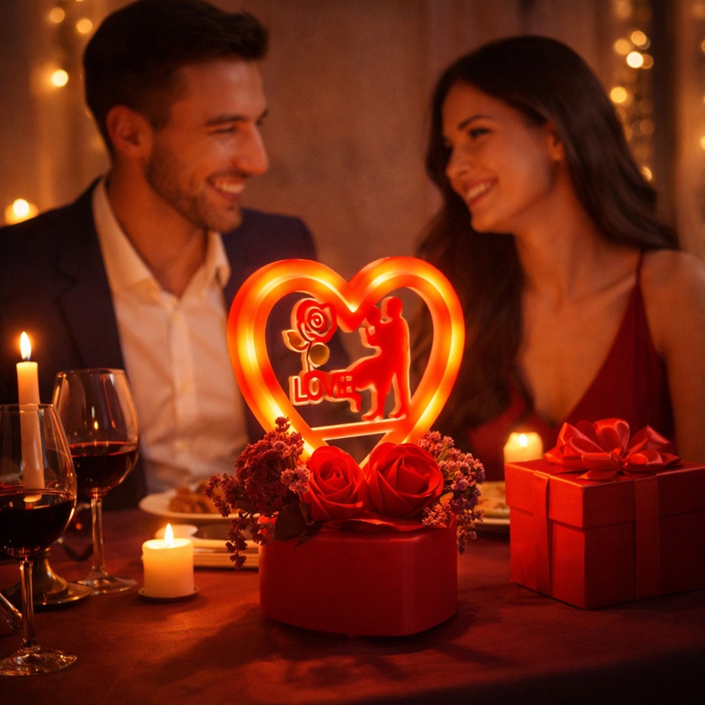 Heart Love Decorative Showpiece with Golden Rose Flower Gift Set (2 Pc)
