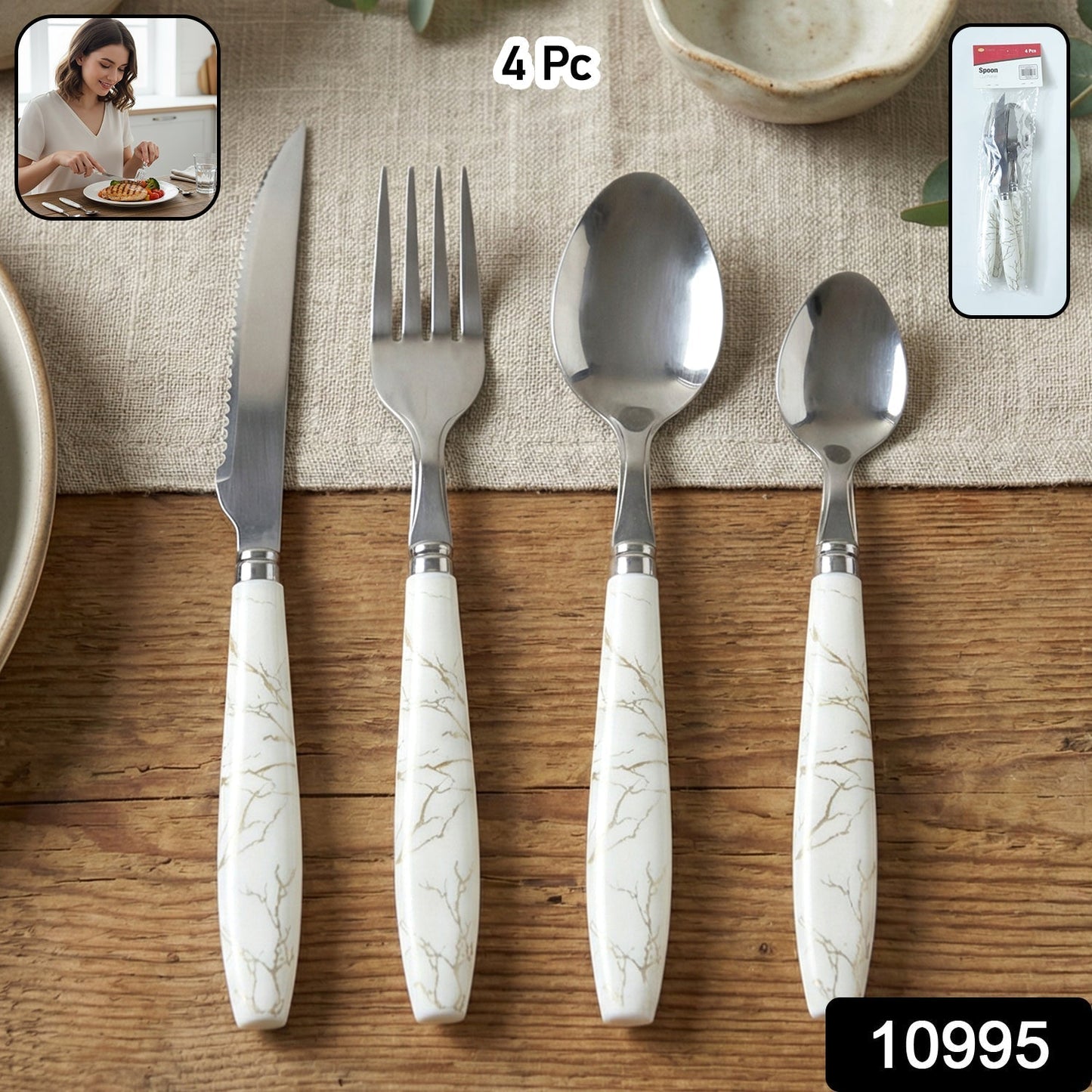 Stainless Steel Cutlery Set with Marble Design Handle (4 Pc Set)