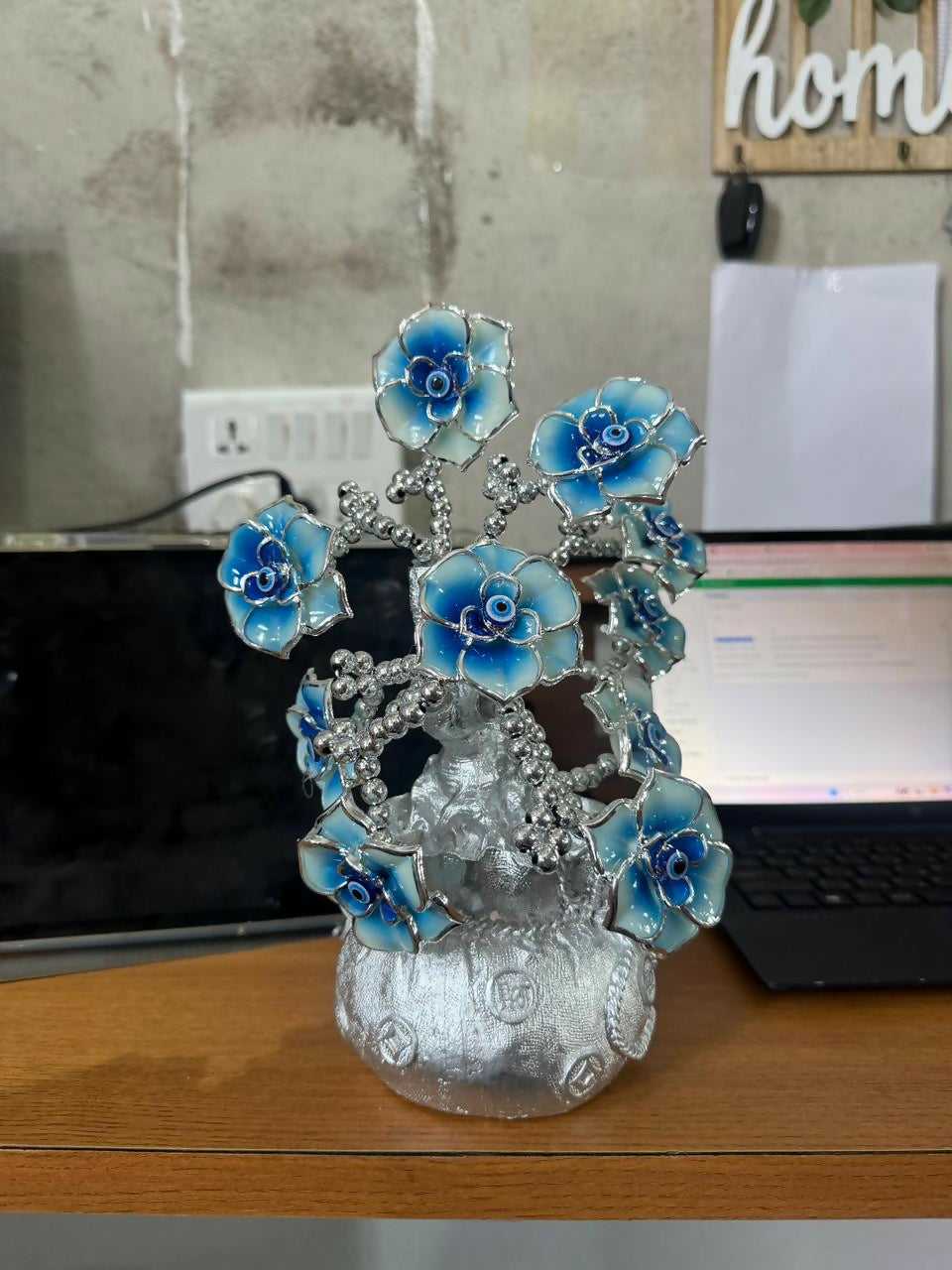 Silver Lucky Flower Tree Showpiece with Evil Eye Home Decor Statue