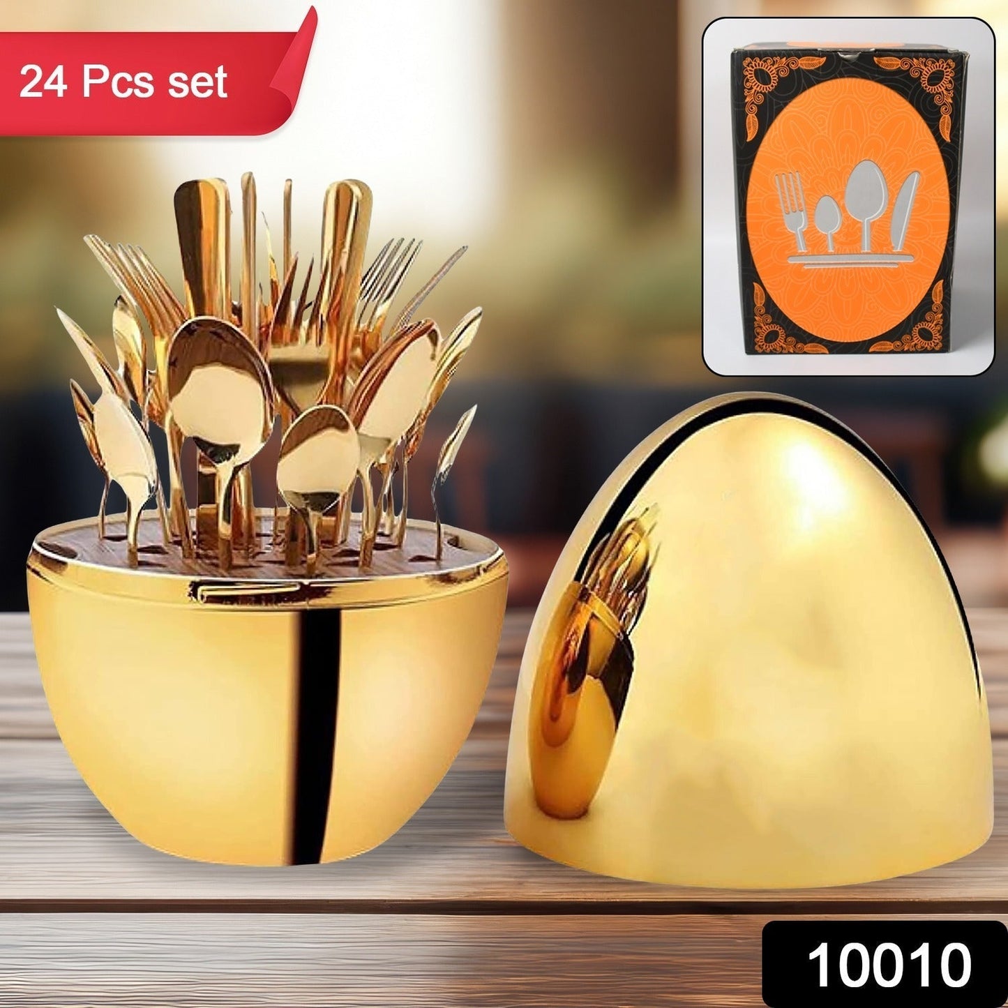 Premium Cutlery Set 24 Pcs with Oval Shaped Stand | Beautiful Stylish Oval Designed Cutlery Sets, Egg-Shaped Luxury Spoon Holder Set (Golden / 24 pcs set)