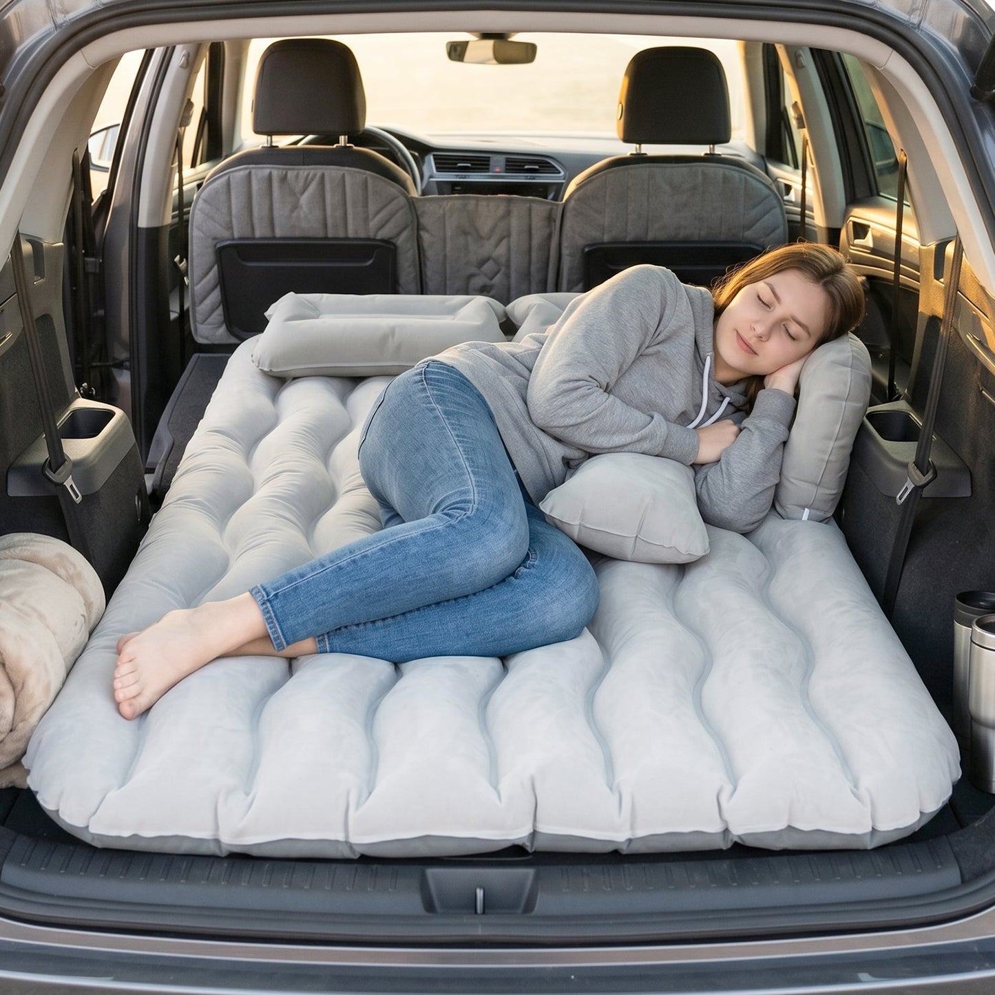 Portable Car Air Mattress Bed Set with Pump & Pillows Inflatable (Grey)
