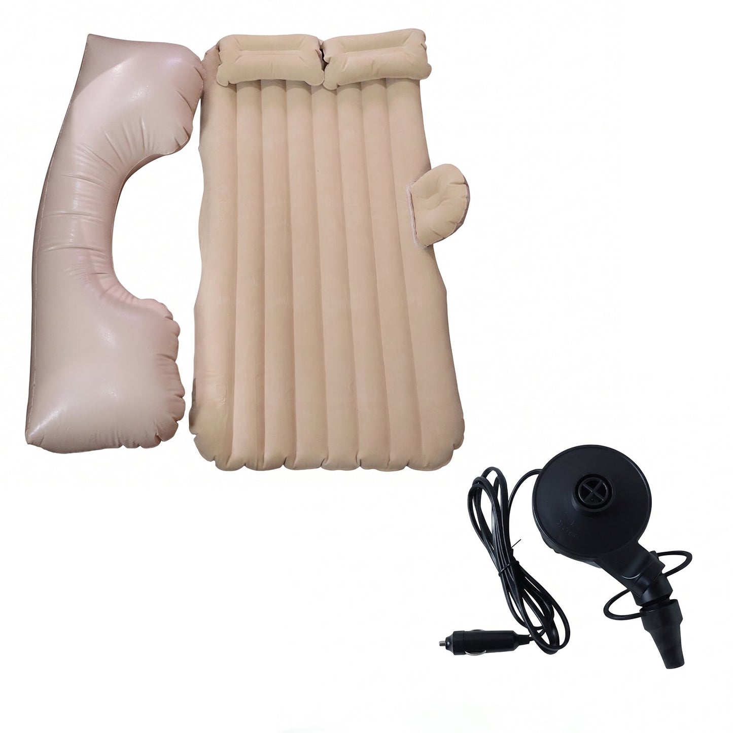 Portable Car Air Mattress Bed Set with Pump & Pillows Inflatable (Beige)