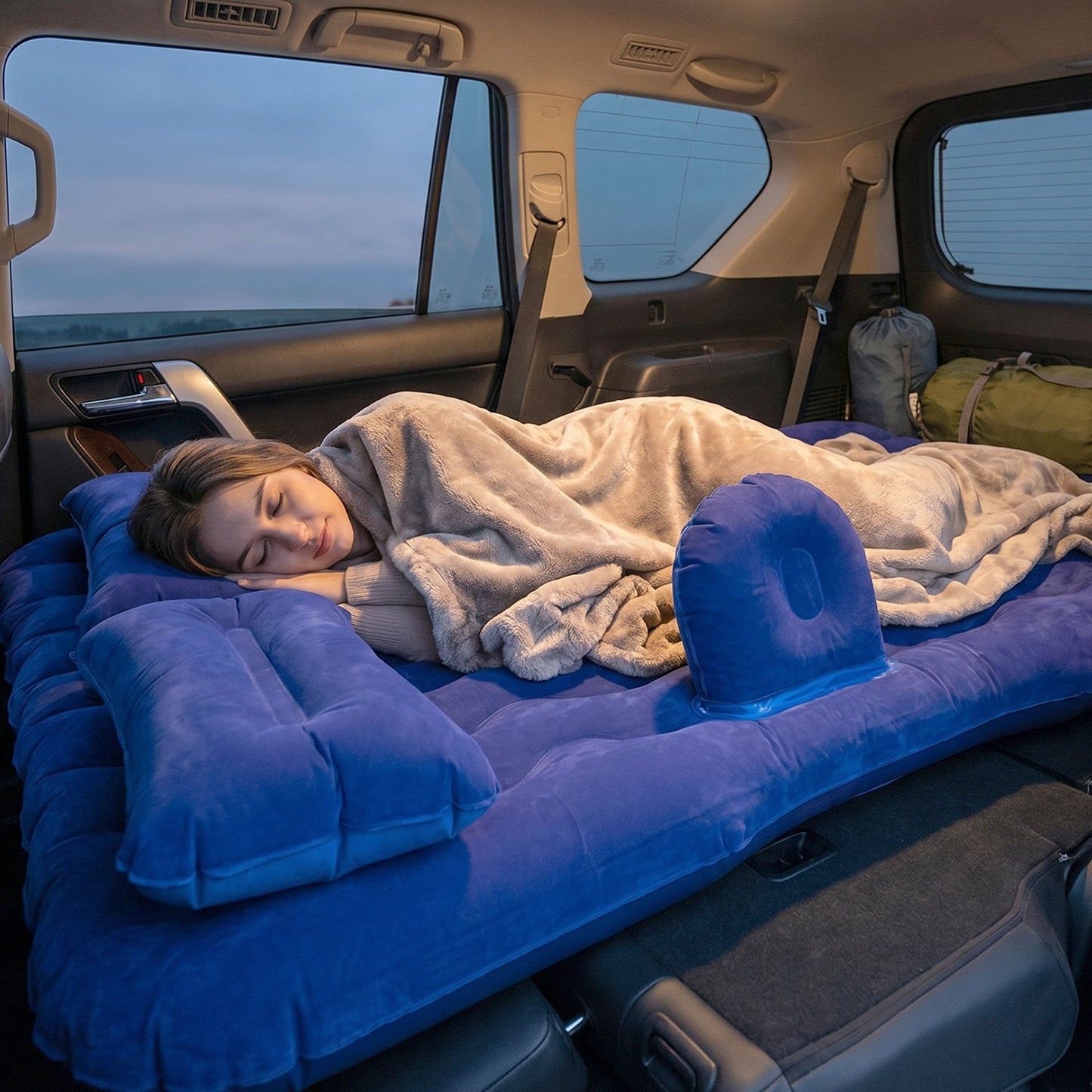 Portable Car Air Mattress Bed Set with Pump & Pillows Inflatable (Dark Blue)