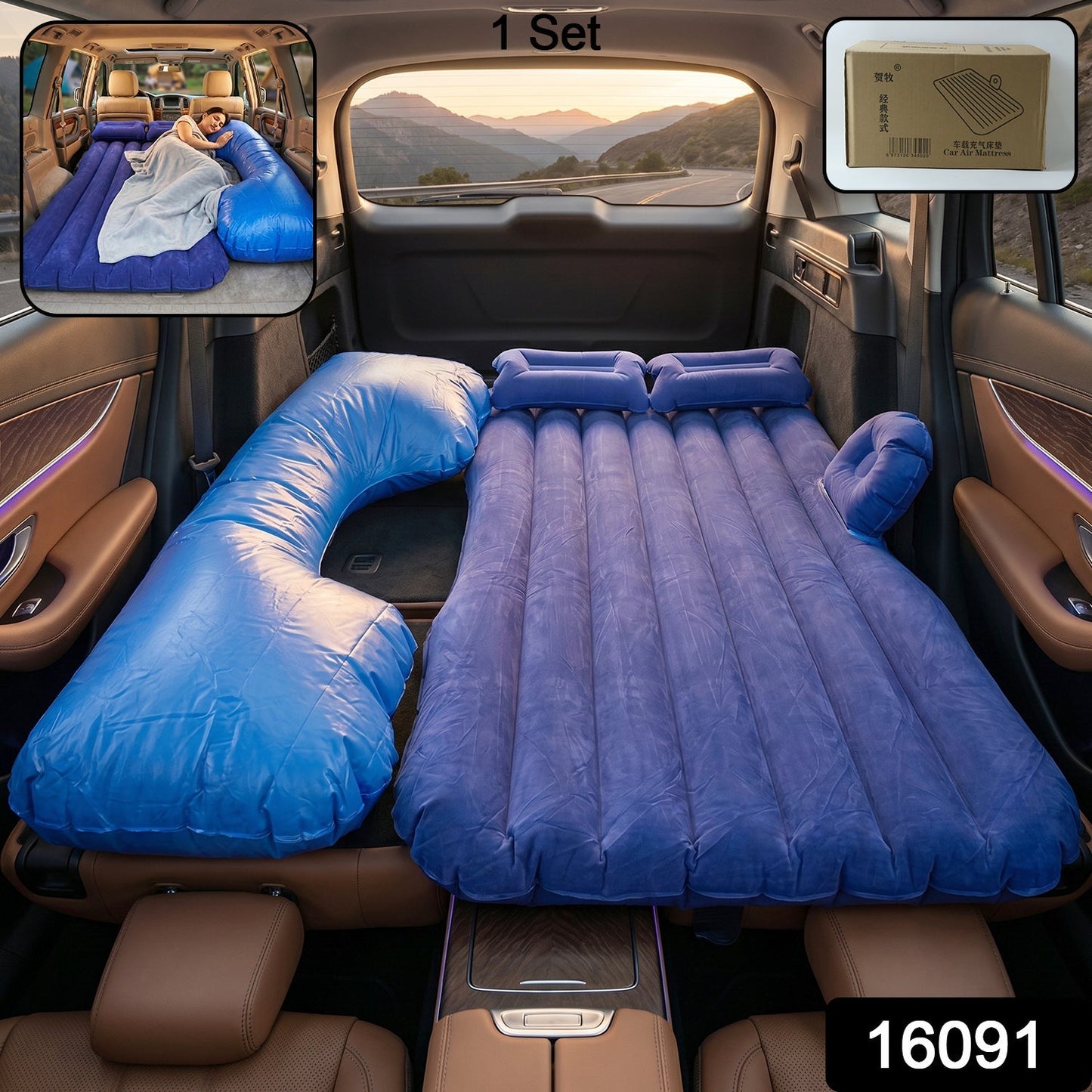 Portable Car Air Mattress Bed Set with Pump & Pillows Inflatable (Blue)