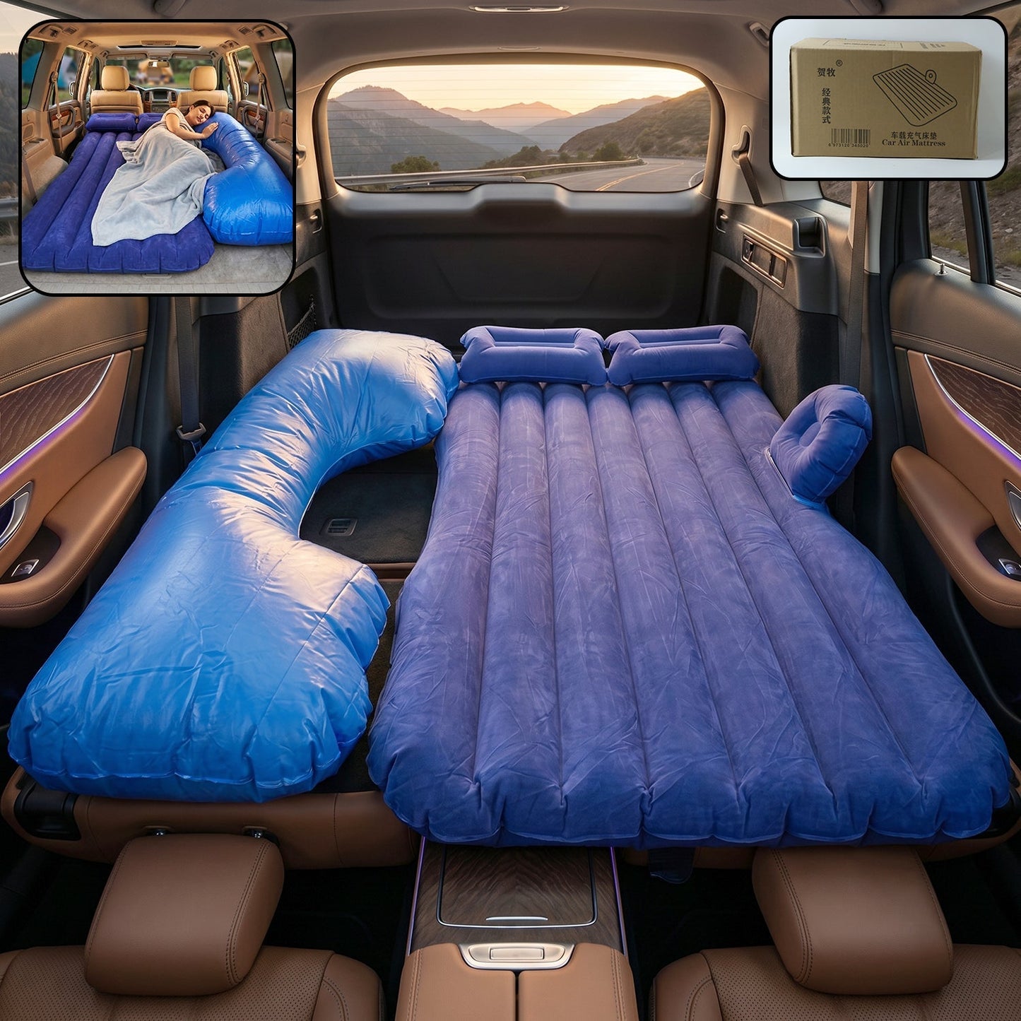 Portable Car Air Mattress Bed Set with Pump & Pillows Inflatable (Blue)