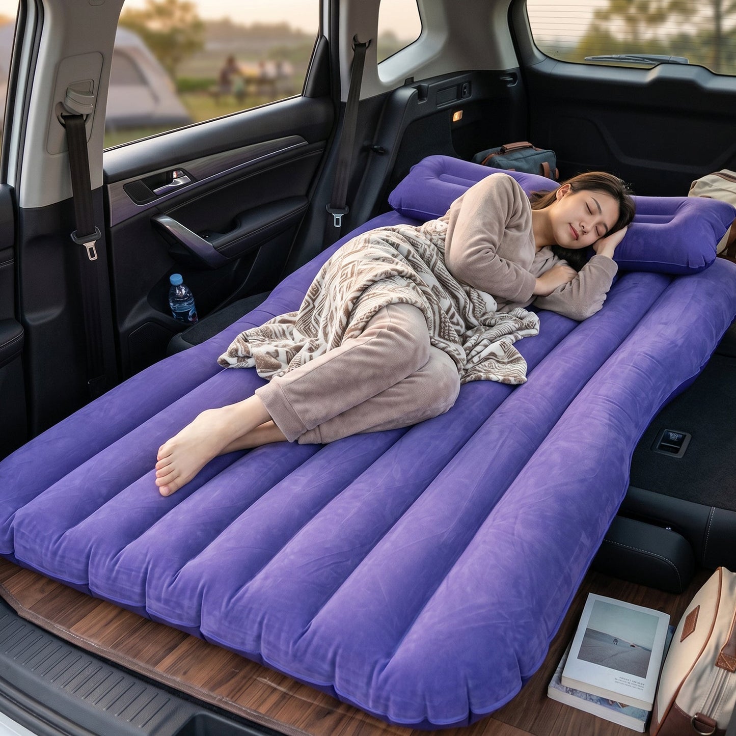 Portable Car Air Mattress Bed Set with Pump & Pillows Inflatable (Blue)