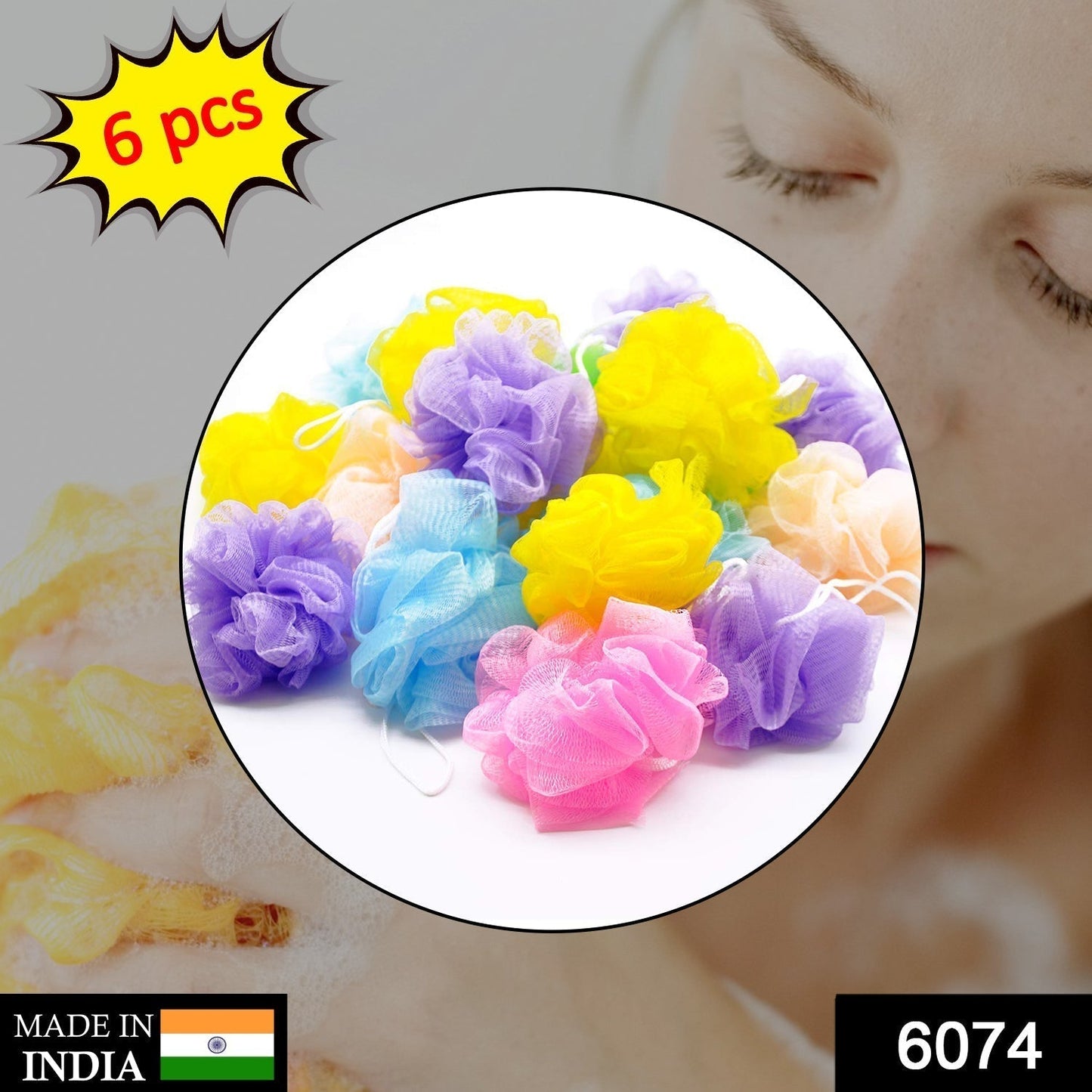 Bath Shower Loofah Sponge Pouf Body Scrubber (Pack of 6Pcs)