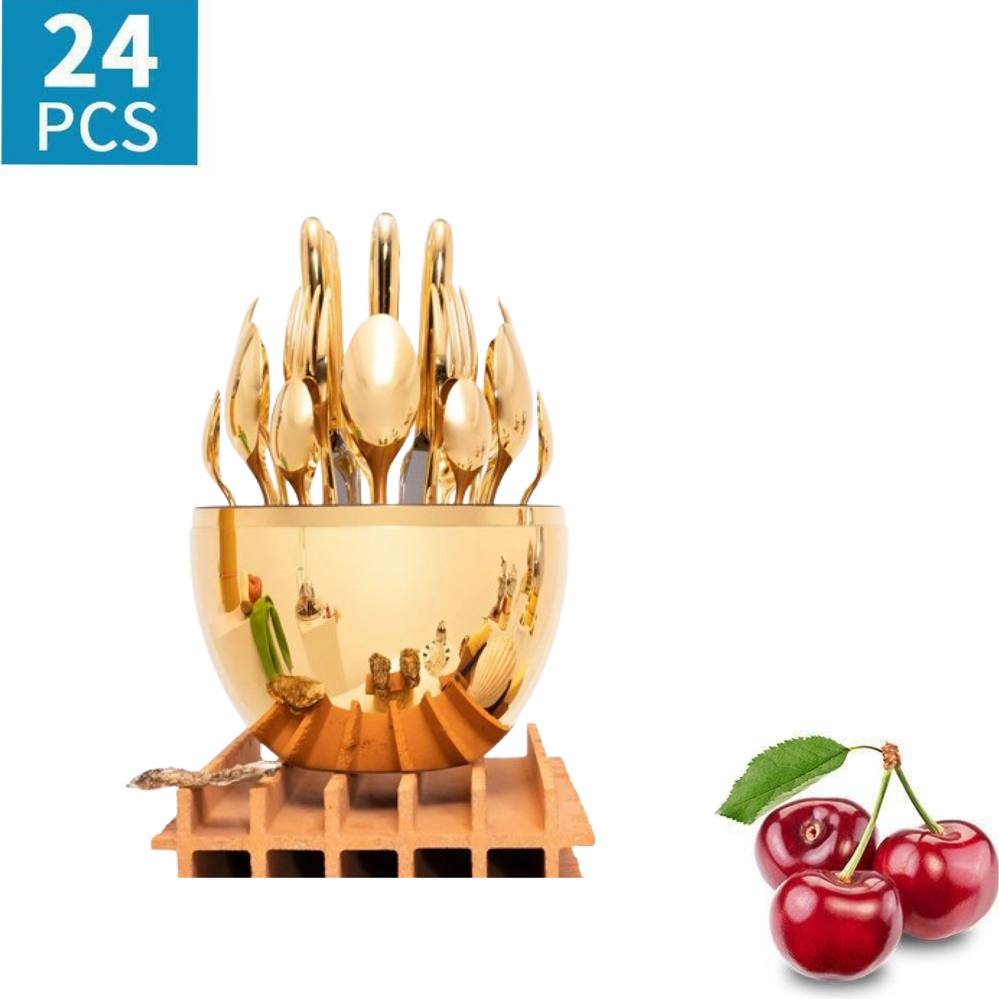 Premium Cutlery Set 24 Pcs with Oval Shaped Stand | Beautiful Stylish Oval Designed Cutlery Sets, Egg-Shaped Luxury Spoon Holder Set (Golden / 24 pcs set)