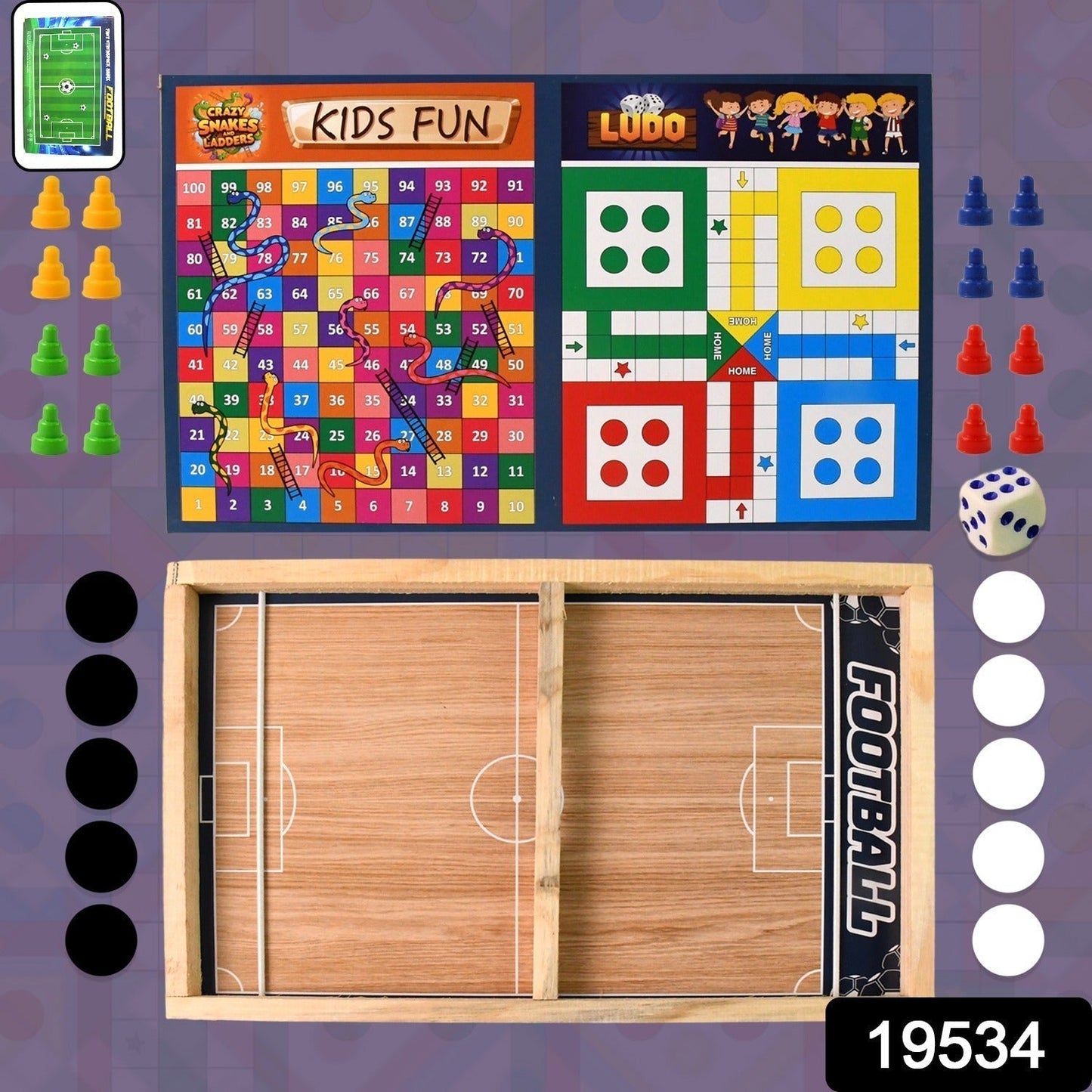 Wooden Board Game Set – Ludo, Snakes & Ladders, and Desktop Football (3-in-1)