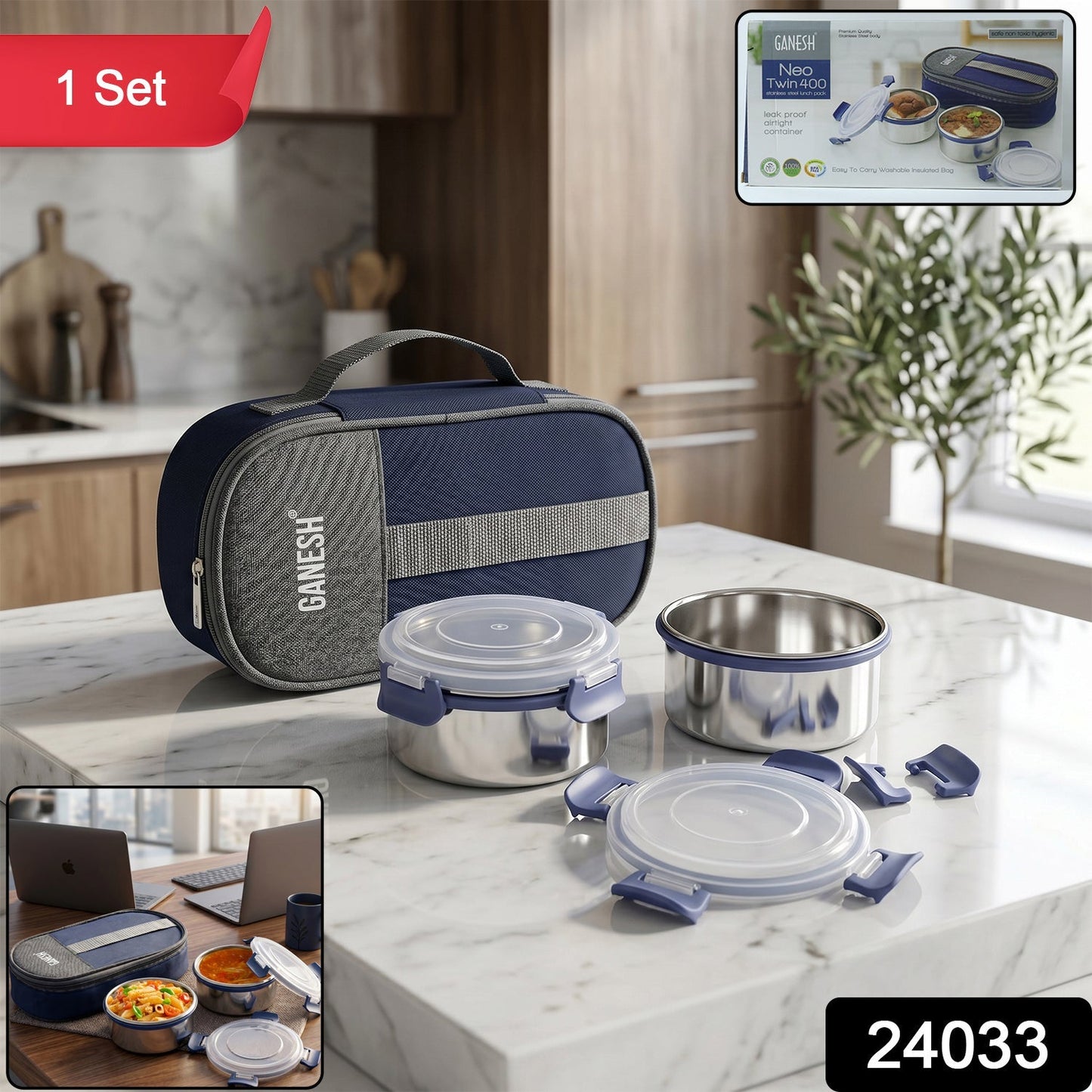 Ganesh Neo Twin 400 Lunch Box Set with Insulated Carry Bag (1 Set)