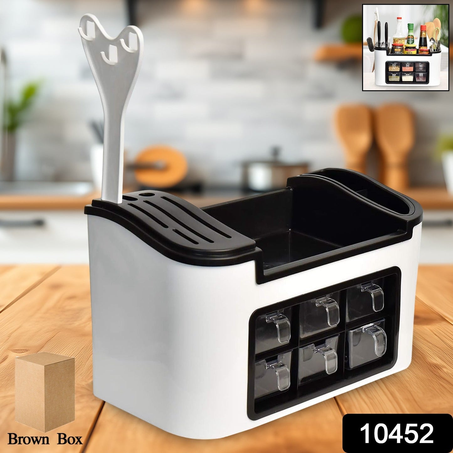 Multifunctional Kitchen Storage Organizer Rack with 6 Spice Containers, Knife & Spoon Holder, and Top Shelf