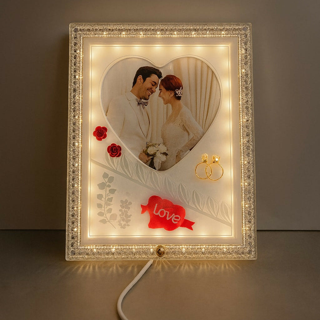 Large Size LED Photo Frame Lamp with Heart Shape & Love Design | Romantic Couple Night Light with Customized Picture | Wedding Anniversary Valentine Gift Decorative Table Lamp for Bedroom & Home Décor