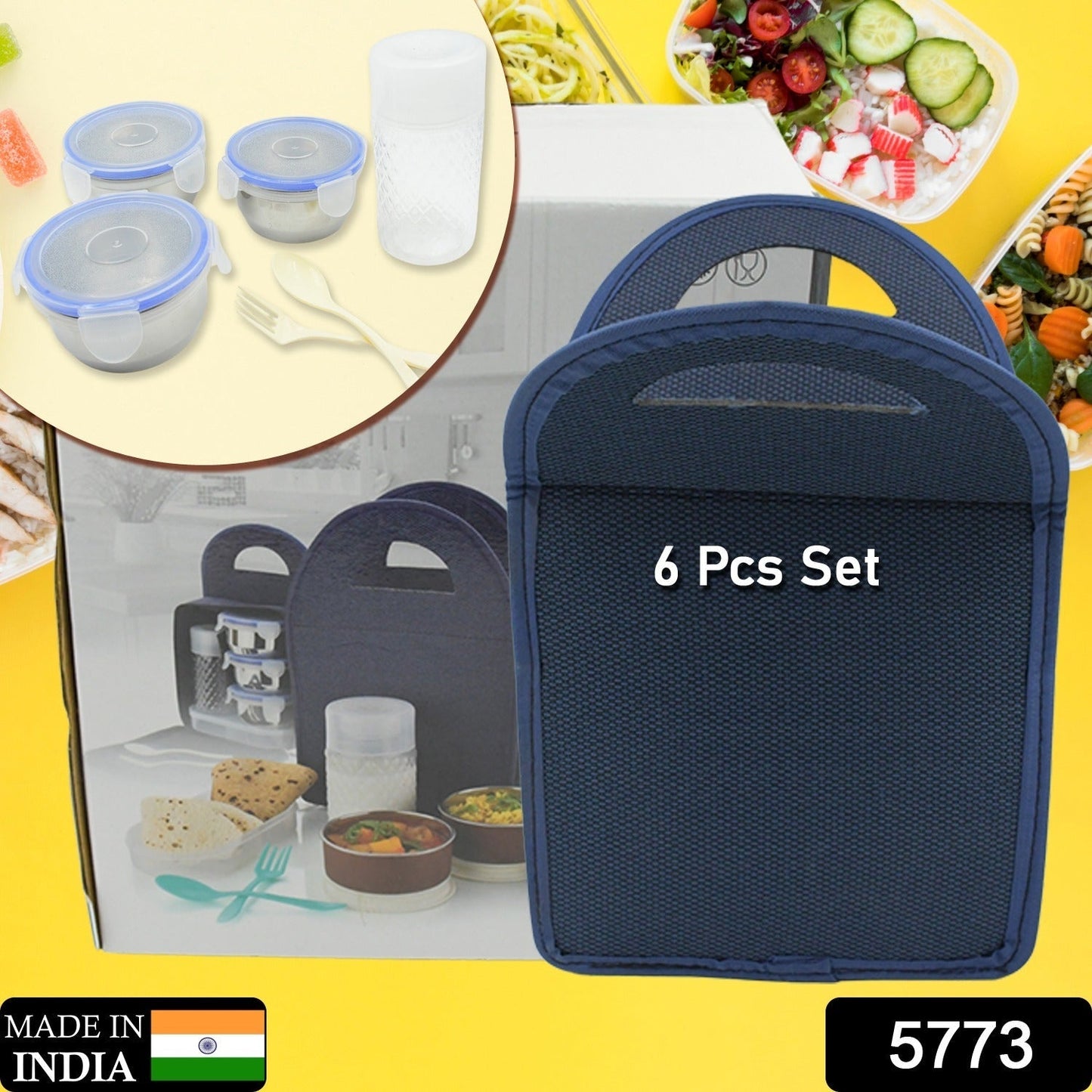 6In1 Tiffin Box-Lunch Box | 3 Stainless Steel Containers | Plastic lid Box | Spoon & Fork /Plastic Bottle | Insulated Fabric Bag | Leak Proof | Microwave Safe for Office, College and School for Men, Women (6 pcs)