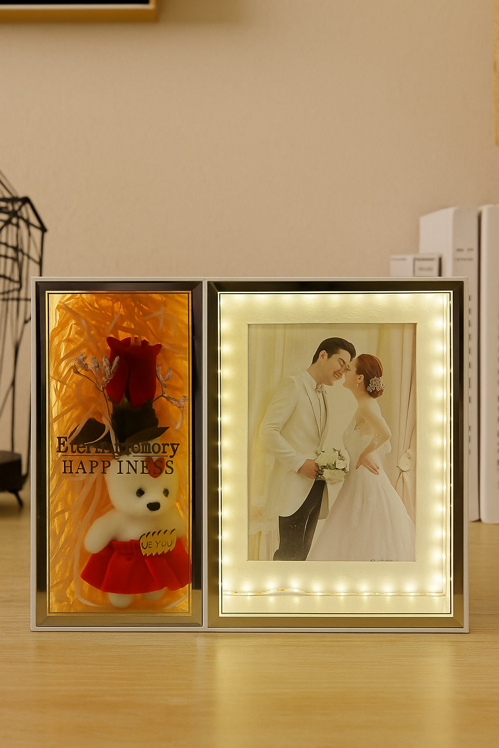 Couple Gift photo Frame with Red Rose, Mini Teddy Bear & Customizable Photo Slot