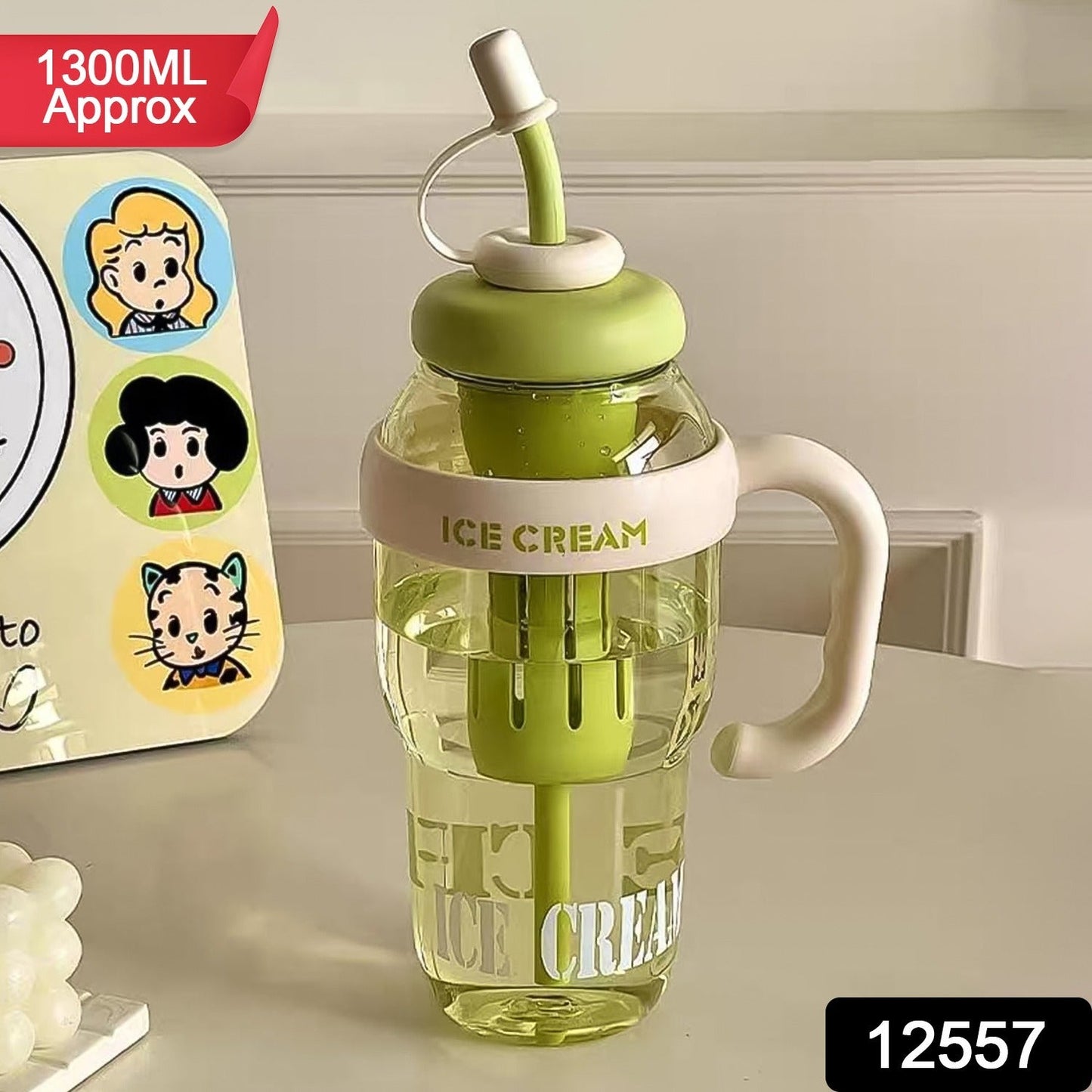 Approx 1300ML Large Capacity Cute Ice Cream Themed Water Bottle with Handle, Straw & Fruit Infuser – Leakproof Sipper for Kids & Adults