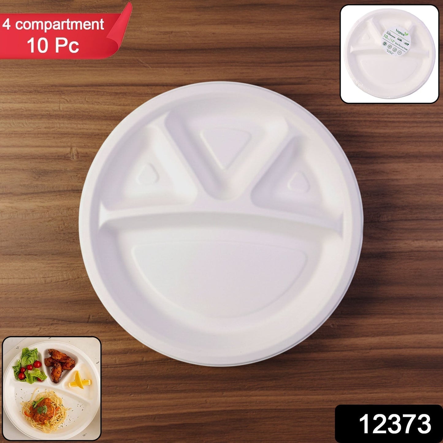 Vegnar 4 Compartment Disposable Food Serving Plate Set (10 Pc)