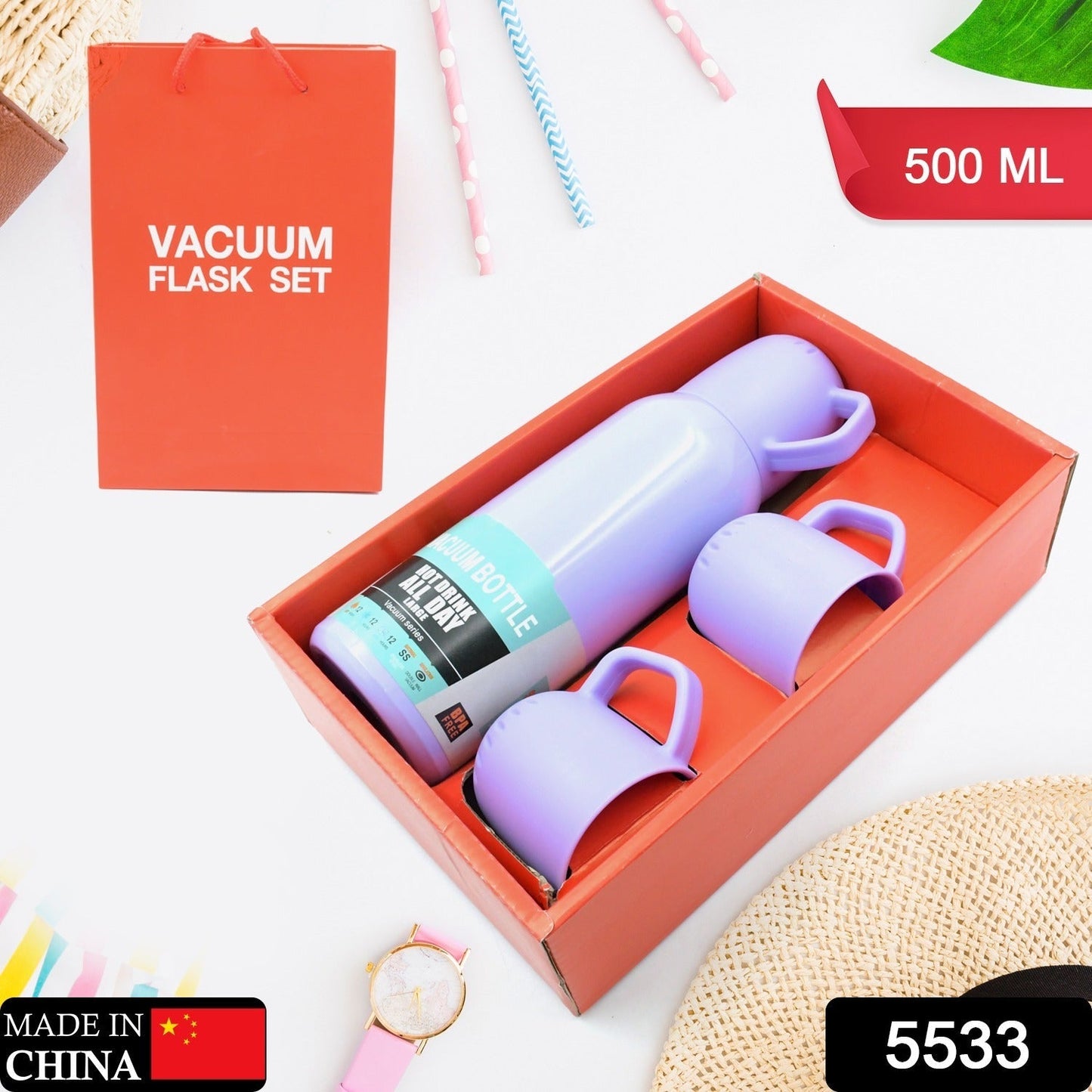 Vacuum Flask Set – Stainless Steel Thermos with 3 Cups, Approx 500ml