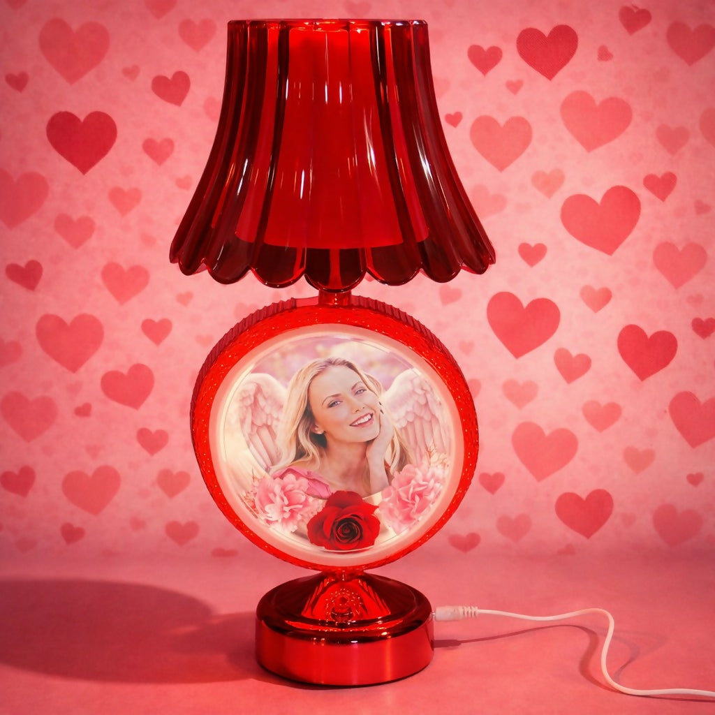 Red Round Photo Table Lamp with Shade for Bedroom, Side Table & Gift Decor