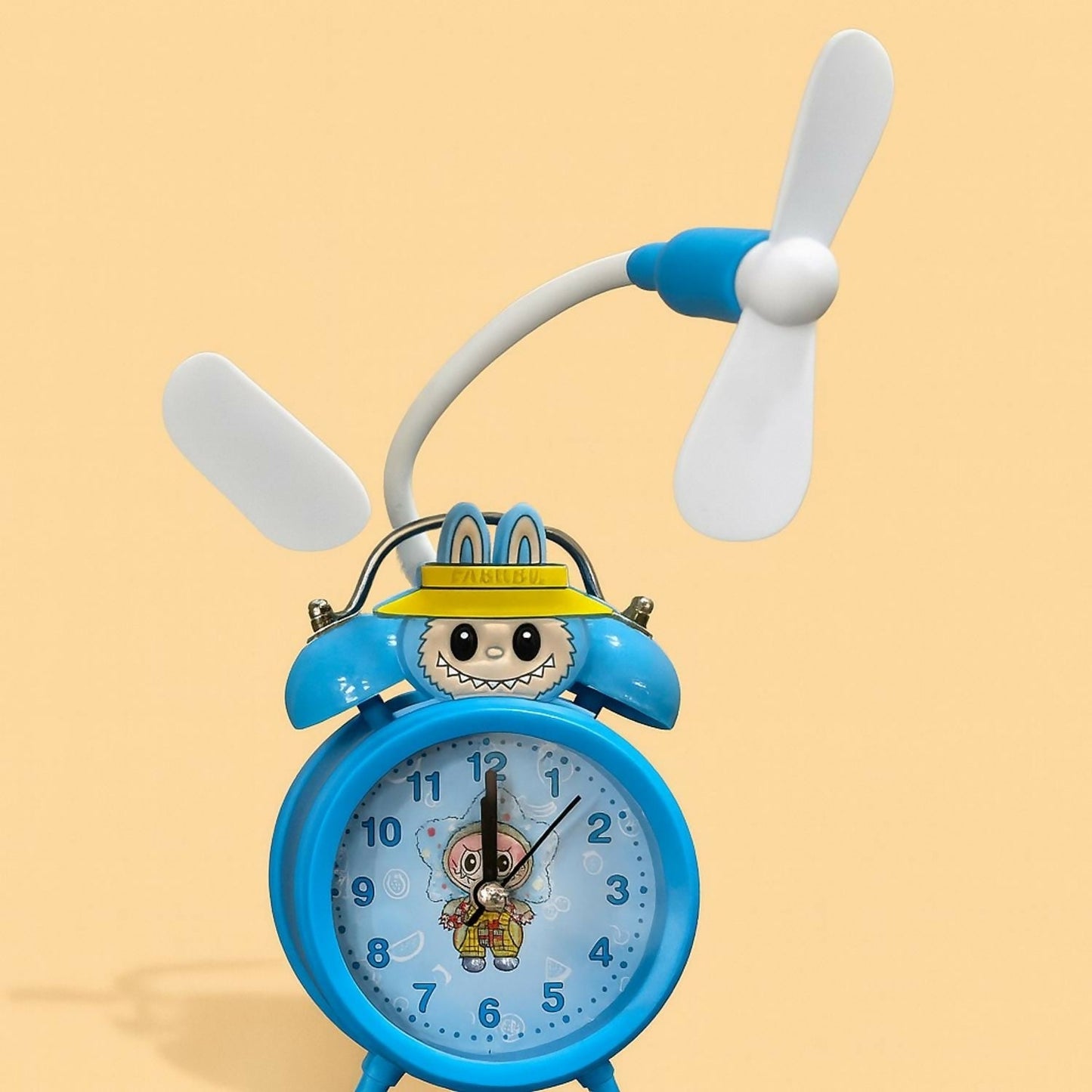 Cute Cartoon Dual Bell Kids Alarm Clock with Cooling Fan Loud Retro Table Clock