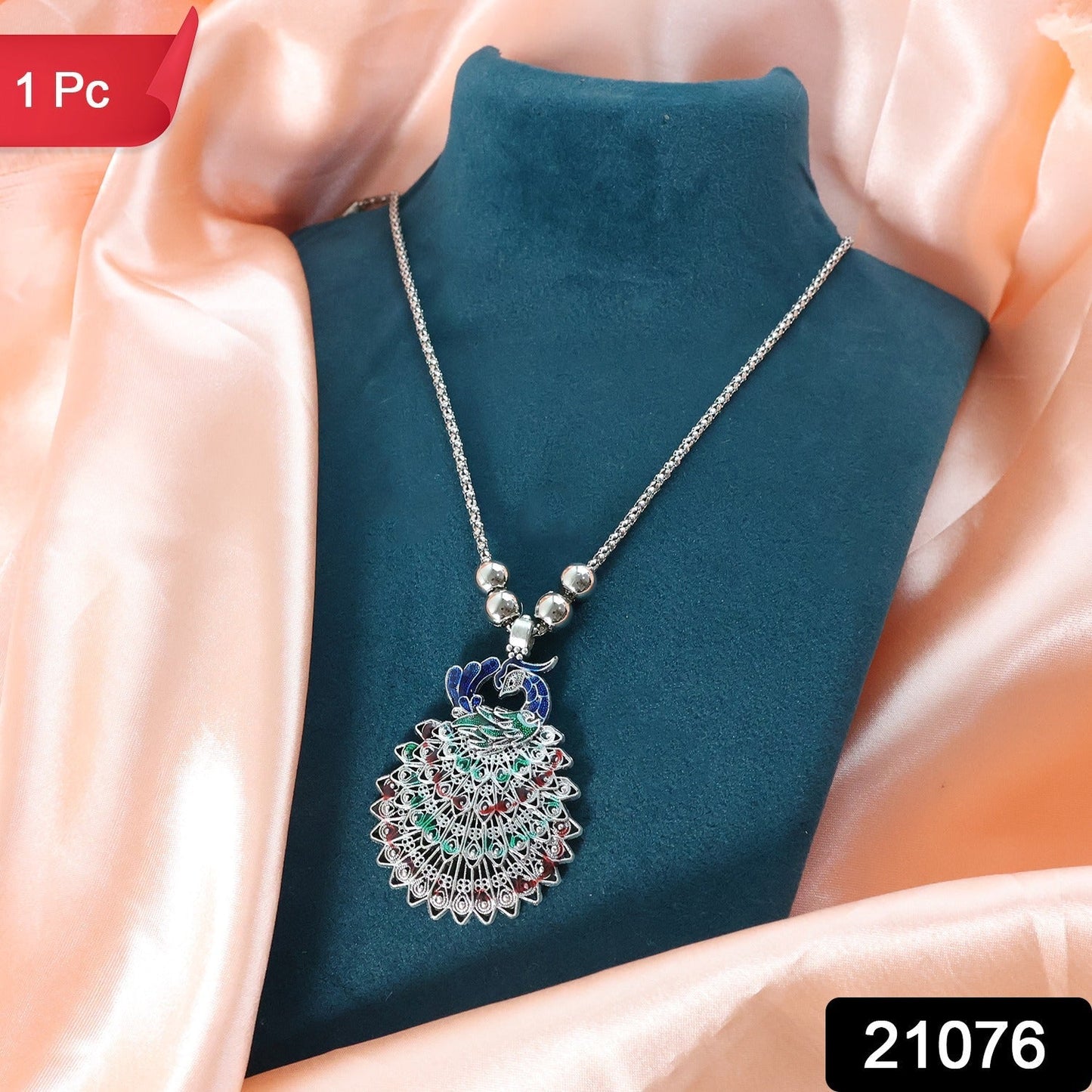 Antique Silver-Tone Peacock Design Oxidized Pendant Necklace (1 Pc)