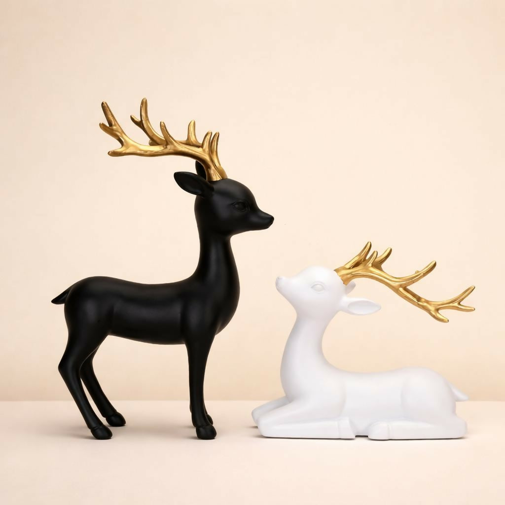 Black and White Deer Showpiece Set with Golden Antlers for Home Decor