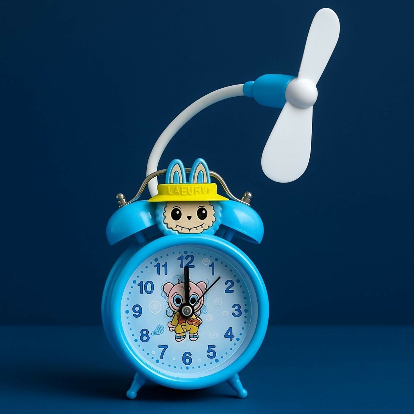 Cute Cartoon Dual Bell Kids Alarm Clock with Cooling Fan Loud Retro Table Clock