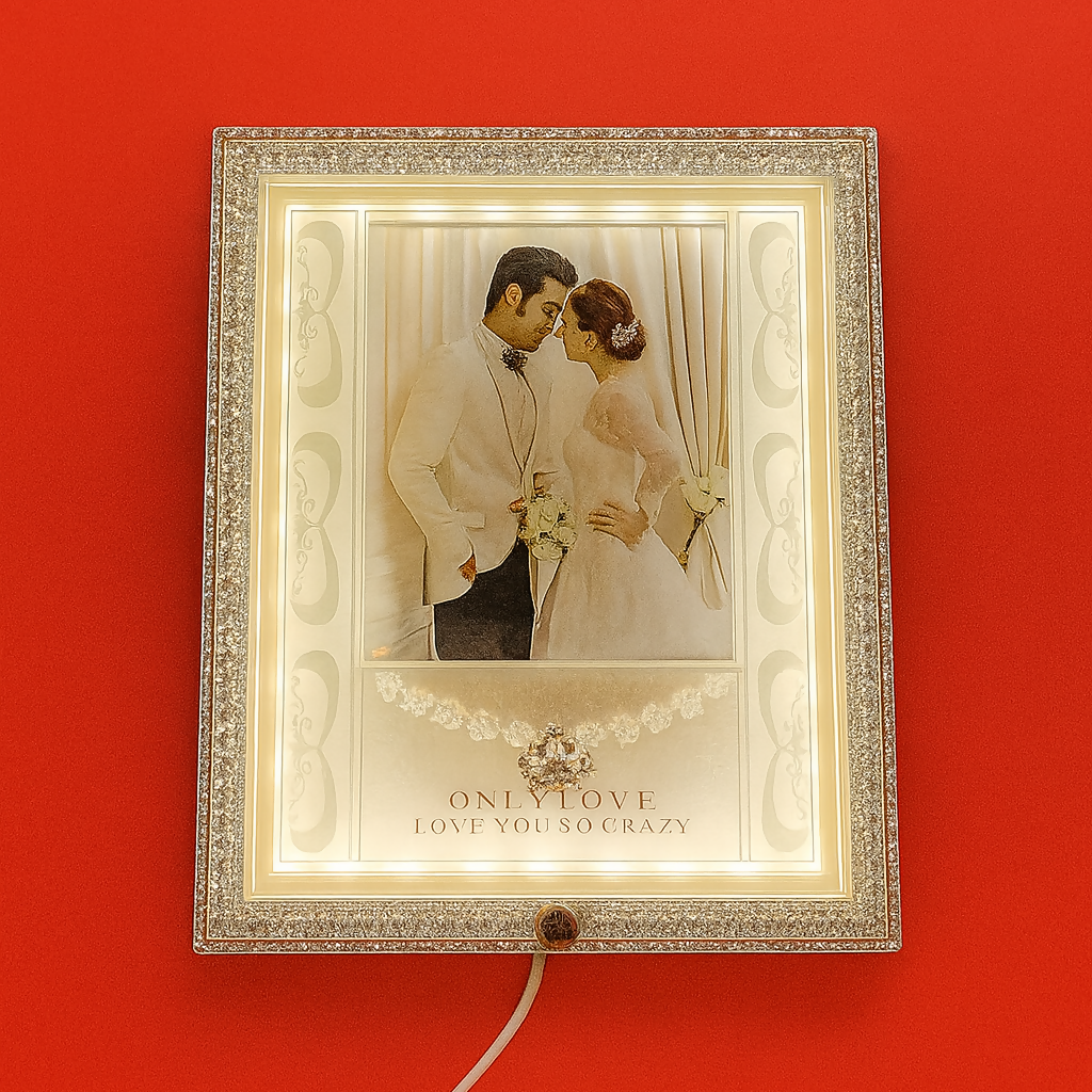 Square White LED Wedding Photo Frame | Elegant Crystal Design with Glowing White Lights | 4x6 Inch Couple Picture Frame | Romantic Gift for Wedding, Anniversary, Valentine’s Day & Home Decoration